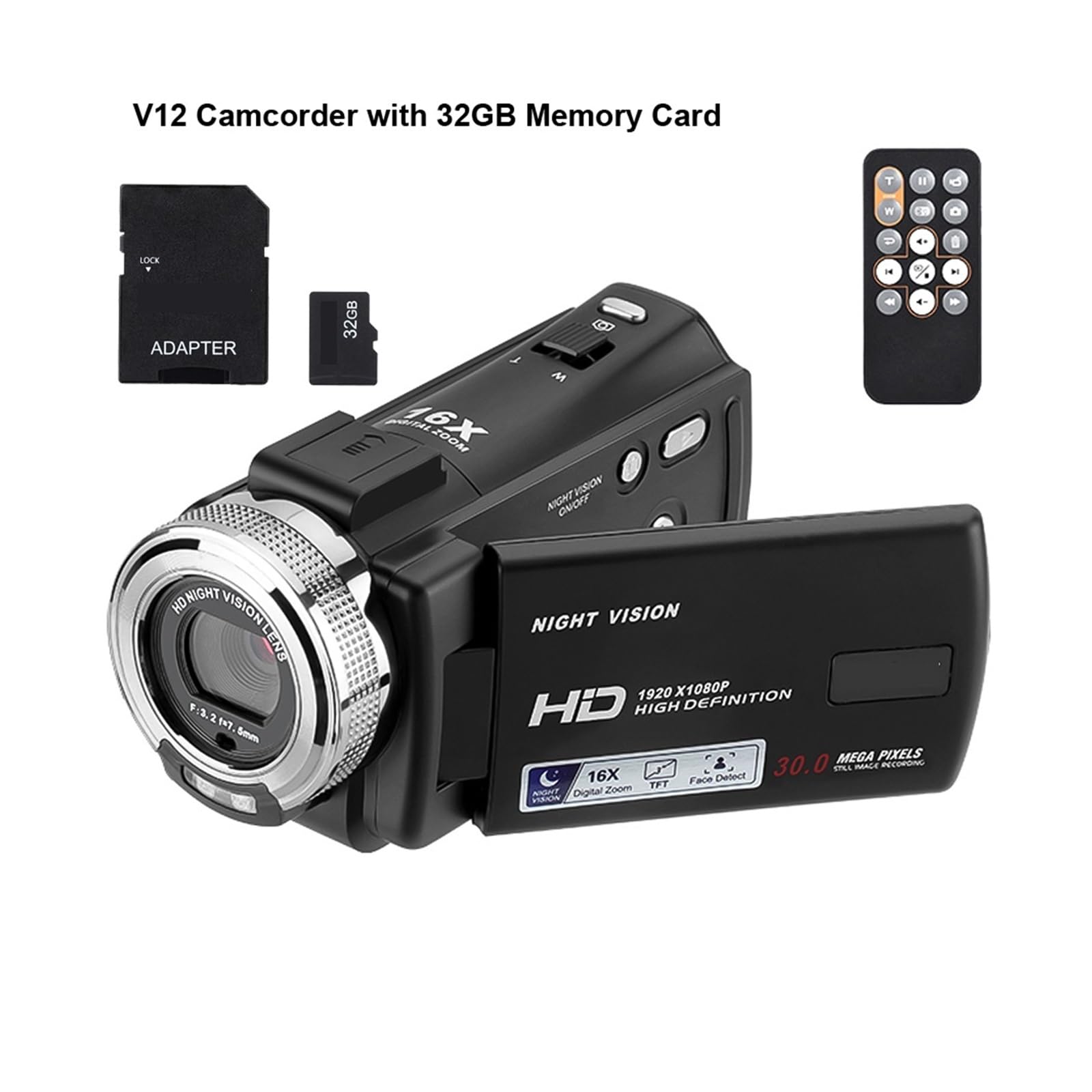 V12 1080P HD Digital Video Camera - 30MP, 16X Zoom, 3 Inch LCD Screen, 32GB Memory - Portable Camcorder for Travel Vlogging, Family Events & Outdoor Adventures