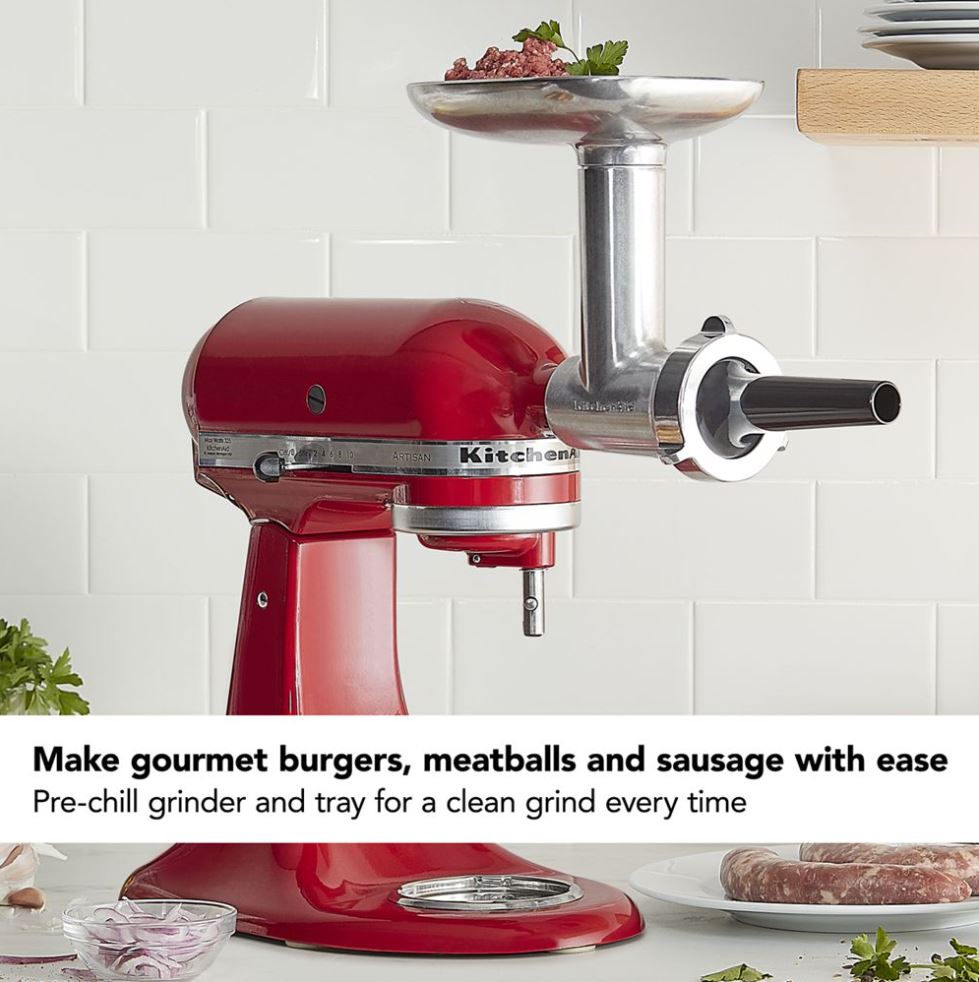 KitchenAid Metal Food Grinder Attachment for Stand Mixers - Stainless Steel Meat Grinder & Sausage Stuffer - Perfect for Homemade Burgers, Sausages & Pet Food