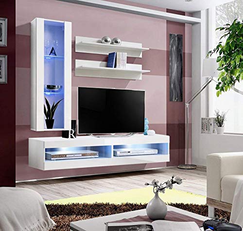 Modern White Wall-Mounted TV Stand with Storage Shelves & LED Lights - 34