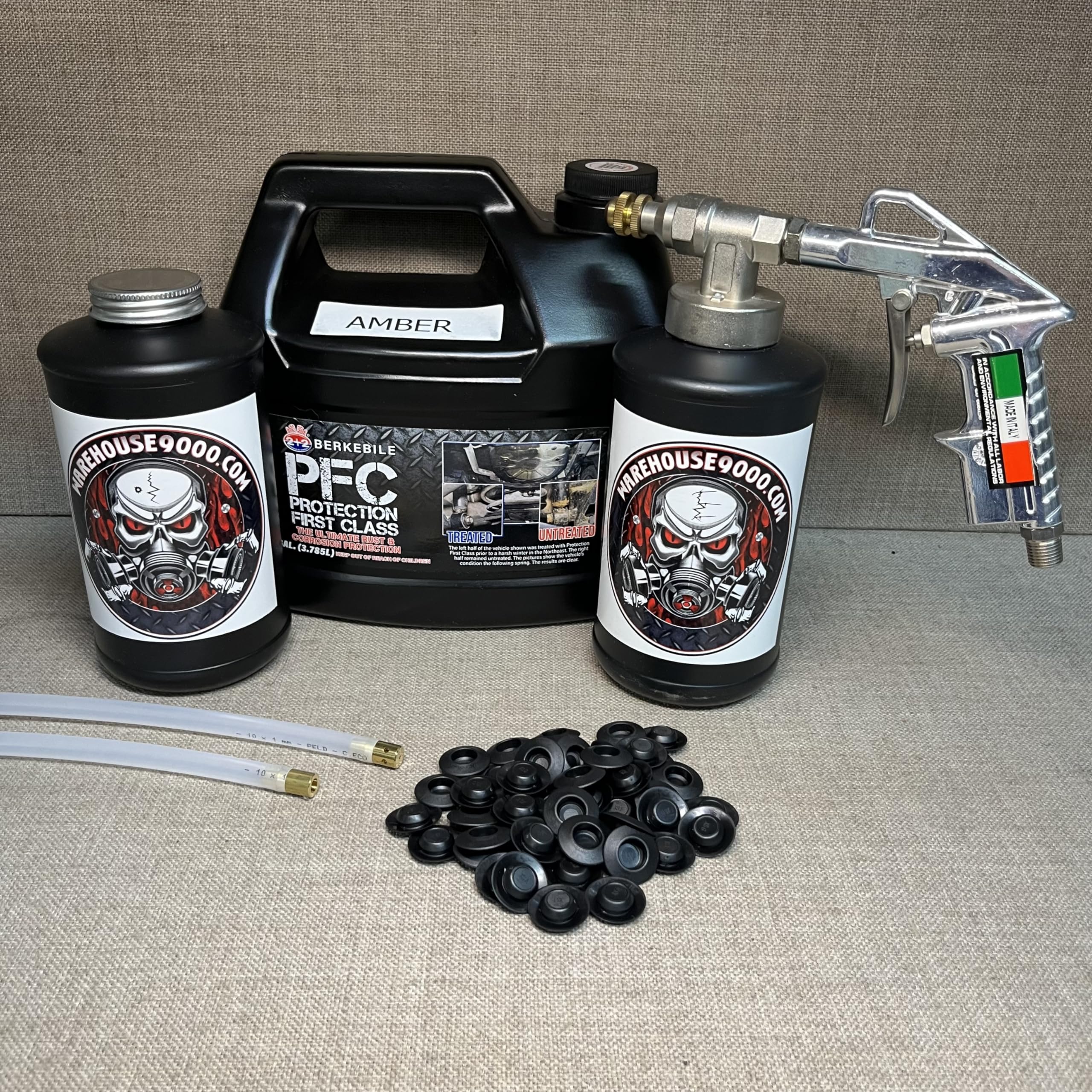 Professional PFC Amber Undercoating Spray Gun Kit - 1 Gallon Capacity, Includes 2 White Quart Bottles, 2 Wands & 50 Rust Plugs - Ideal for Auto Body Rust Protection & Undercoating Projects
