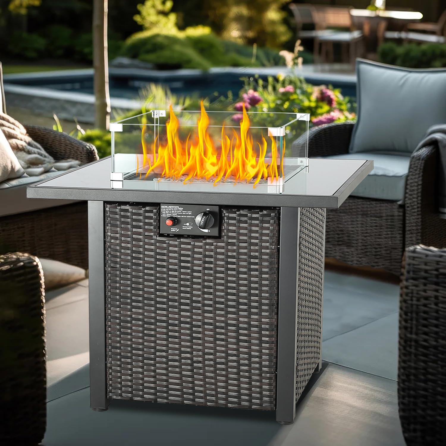 50,000 BTU Propane Fire Pit Table for Outdoor - Steel Fire Pit with Lid, Fire Glass & Hideaway Tank Holder - Perfect for Patio, Garden & Backyard Parties (Dark Brown)