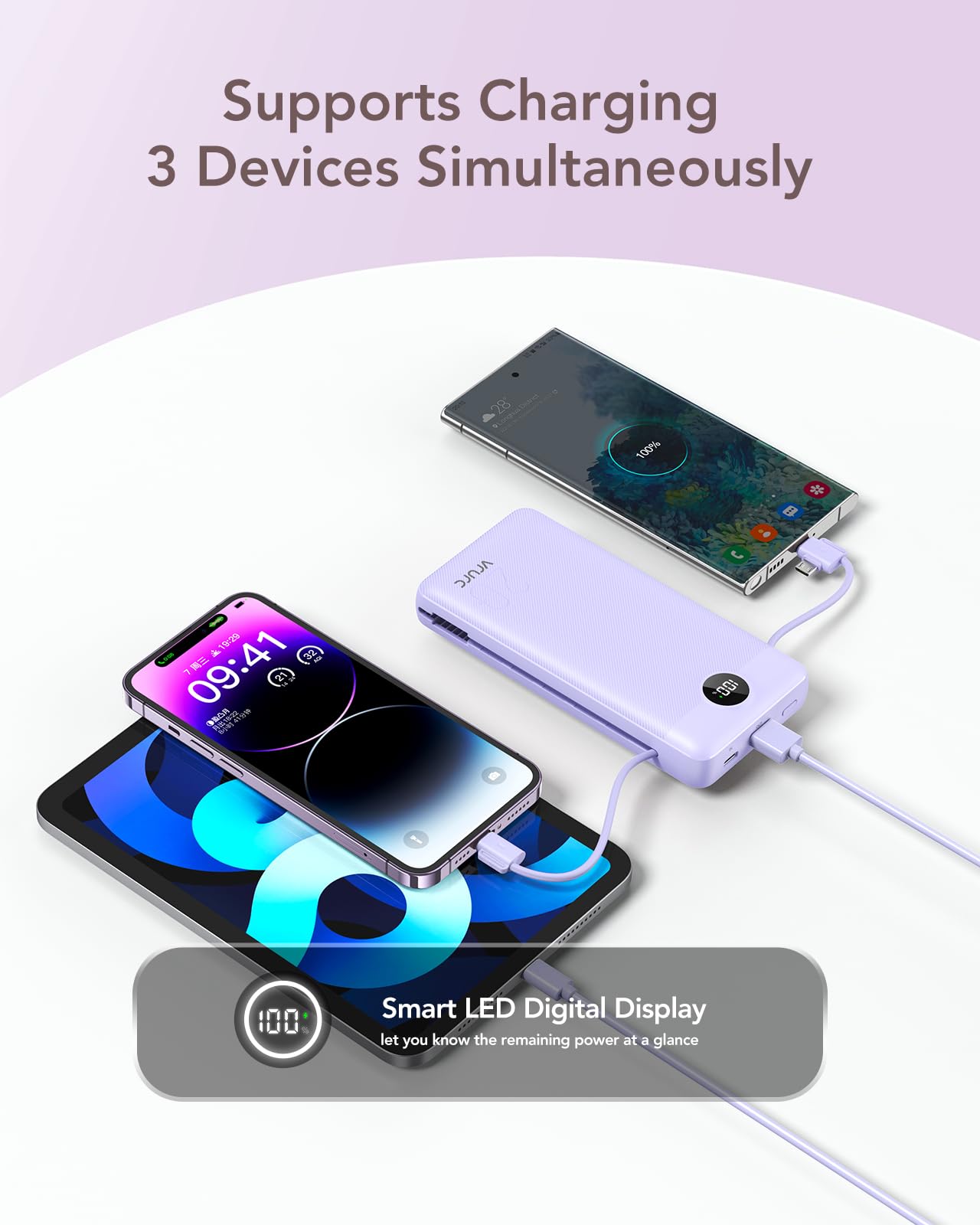 VRURC 20000mAh Portable Charger with Fast Charging - USB C Power Bank, 4 Outputs & 2 Inputs, LED Display, Built-in Wall Plug & Cables | Perfect for Travel, Camping, and Emergency Phone Charging (Purple)