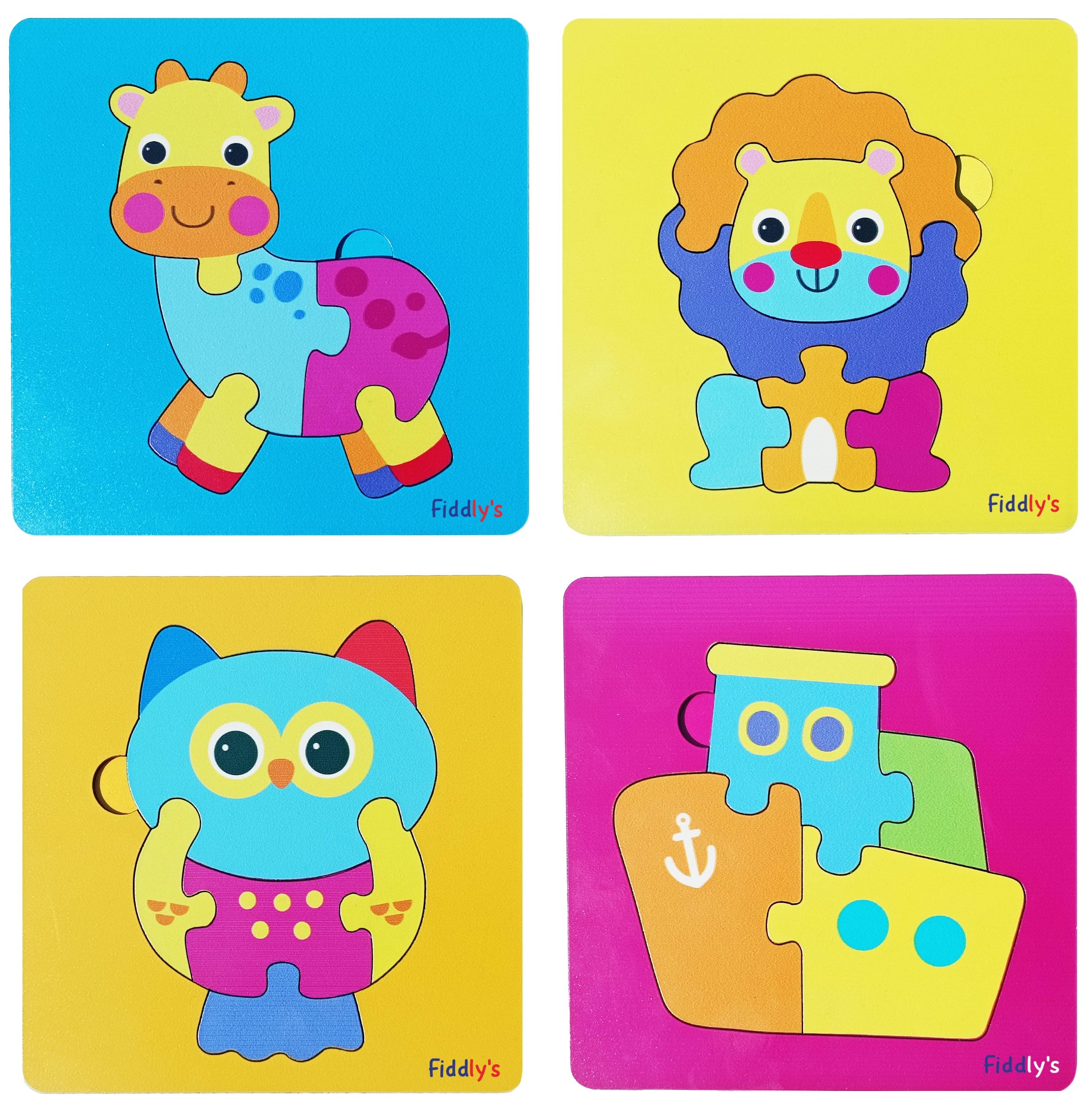 Fiddlys 3D Wooden Jigsaw Puzzles for Kids - 4 Pack Cute Baby Animal & Ship Cartoon Puzzles - Educational Learning Toys for Toddlers & Children - Perfect for Birthday Gifts, Classroom Activities & Family Game Night
