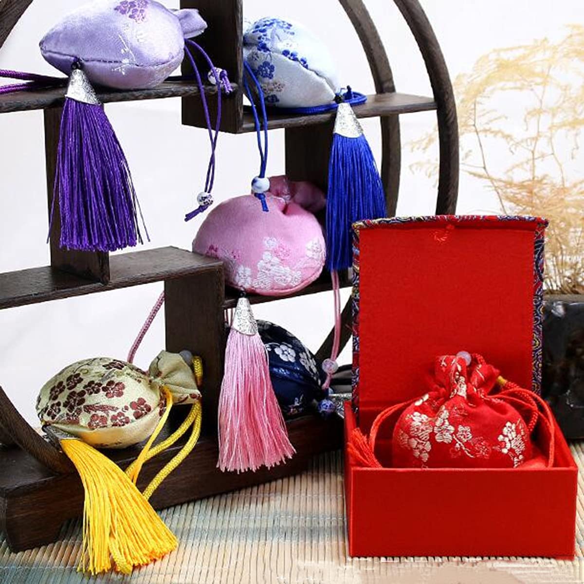 20 Pcs Silk Brocade Drawstring Sachet Bags with Tassels - Plum Blossom Pattern for Aromatherapy, Jewelry Storage, Home Decor & Gift Packaging | Portable Fragrance Pouch for Closet, Drawer & Travel
