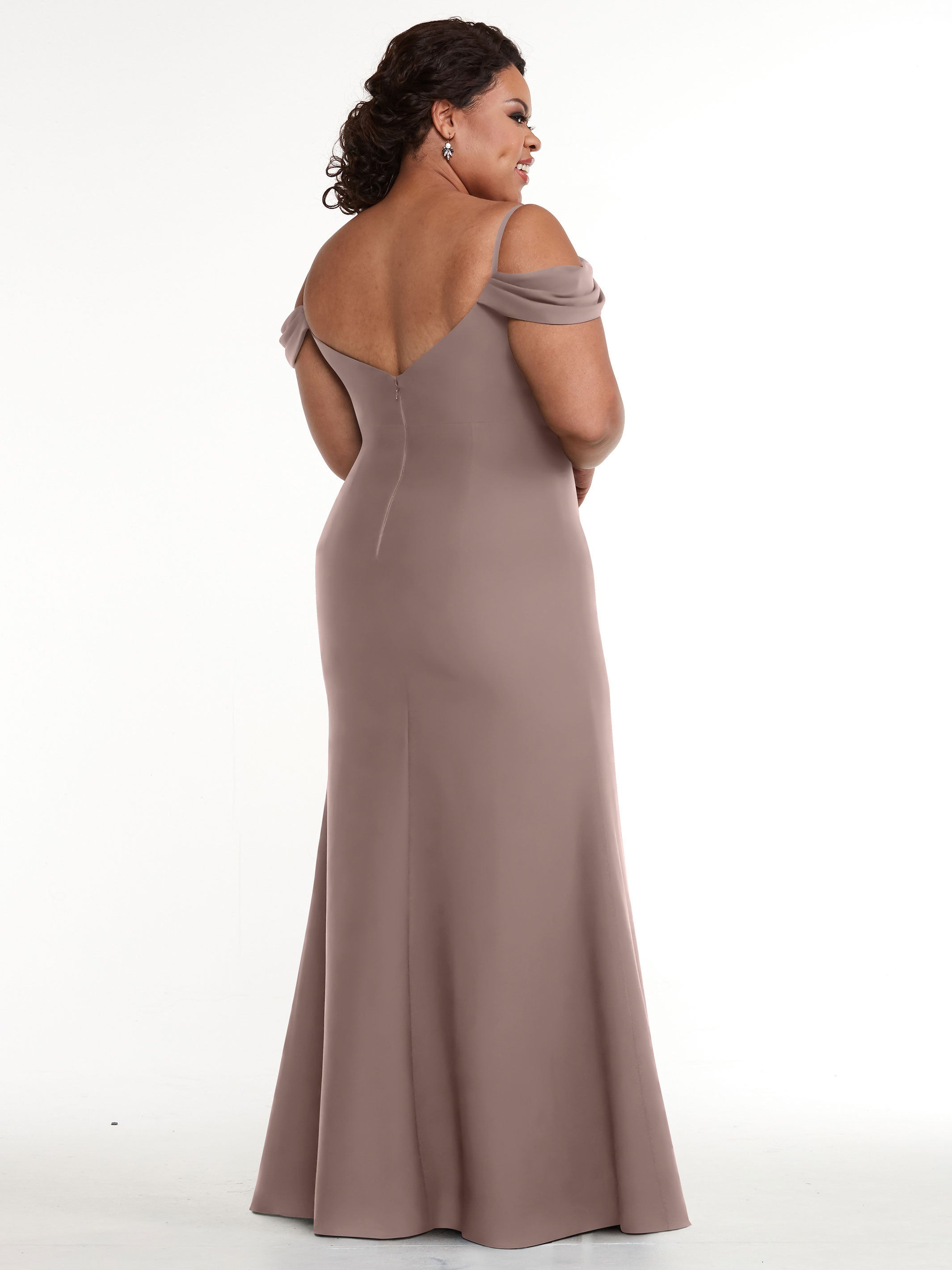 Elegant 83029 Fitted Stretch Chiffon Off-The-Shoulder Bridesmaid Dress with High Slit - Perfect for Weddings, Prom & Formal Events