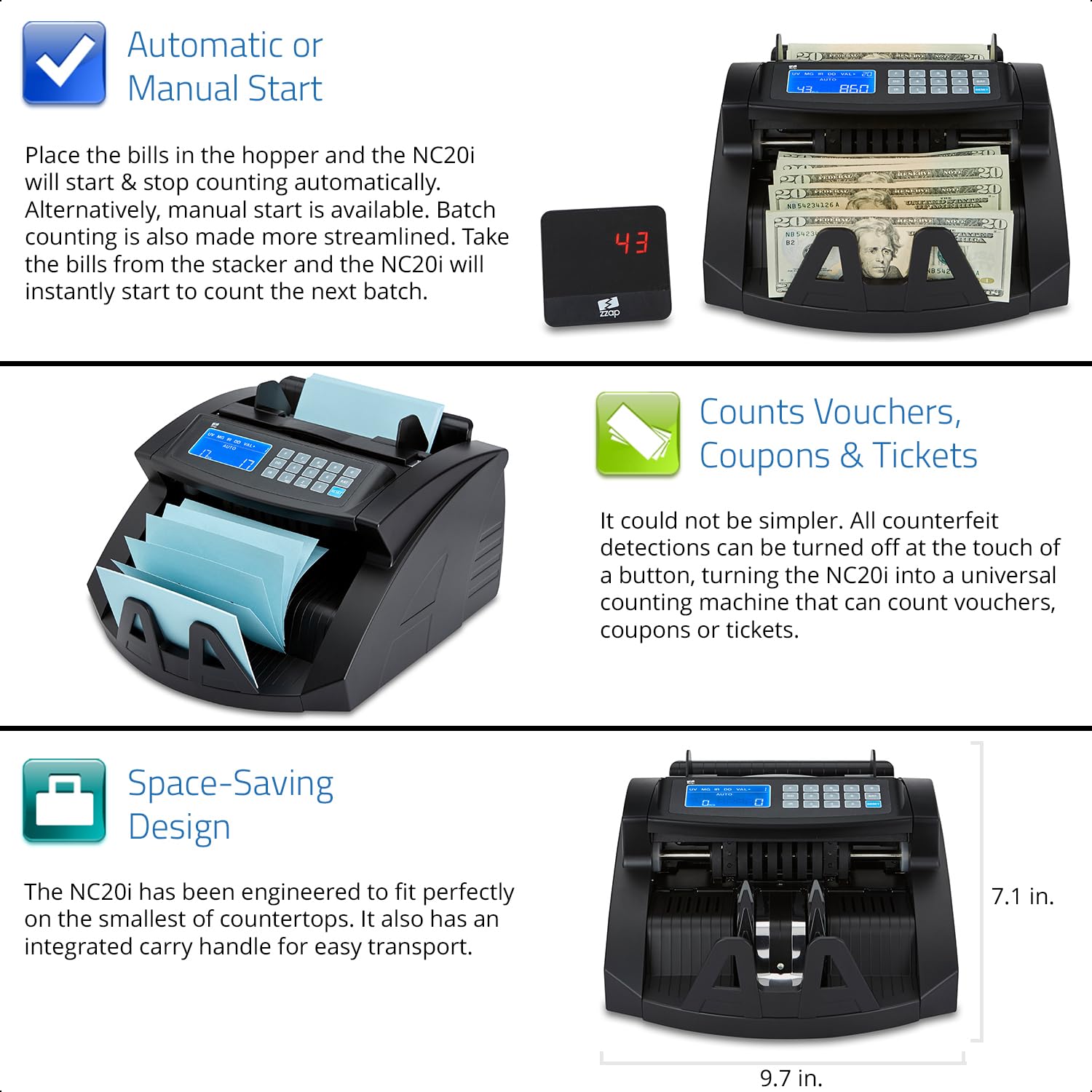 ZZap NC20i Bill Value Counter & Counterfeit Detector Machine - Fast & Accurate Currency Counting with UV/MG/IR Detection - Perfect for Banks, Retail Stores, and Cash-Intensive Businesses