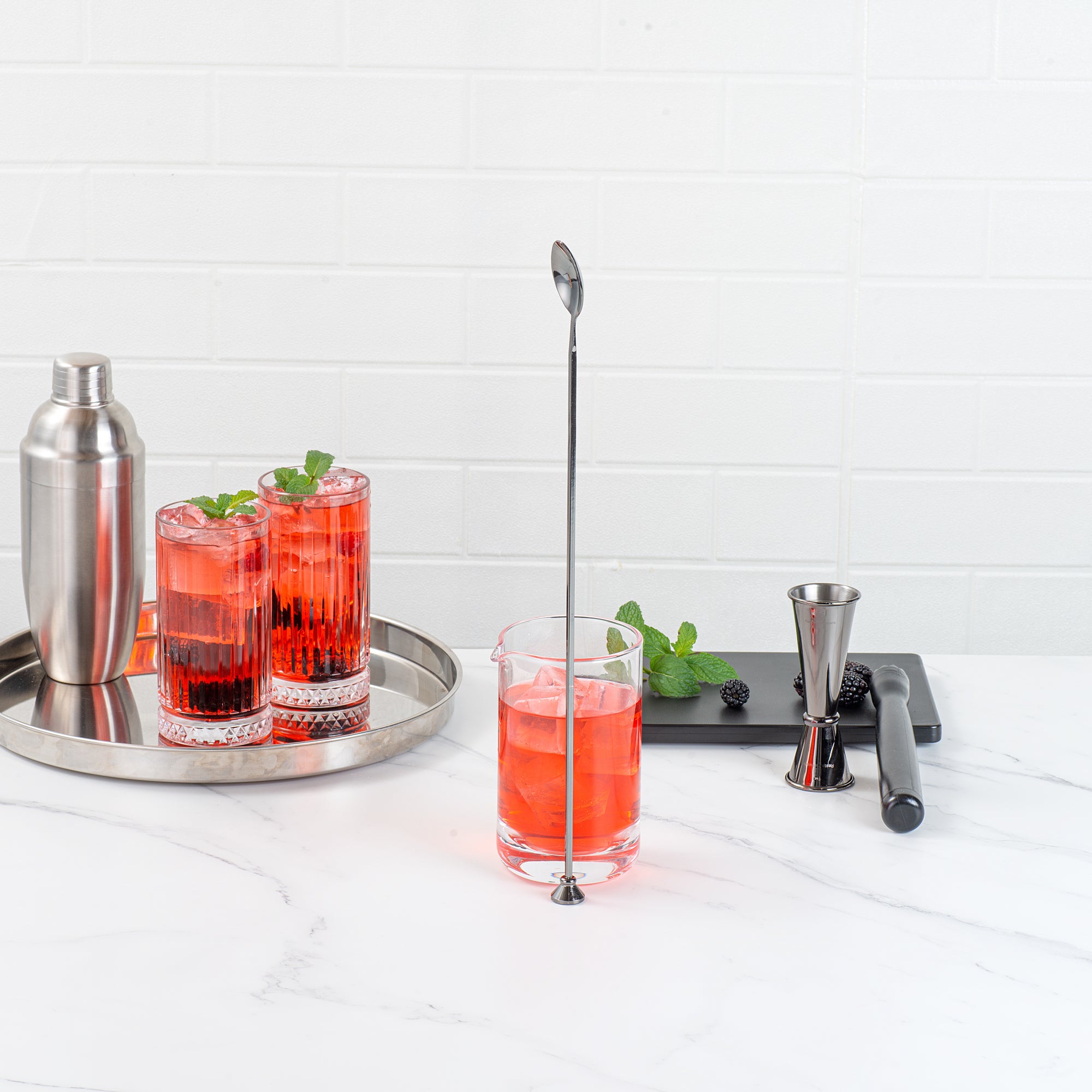 Premium Black Plated Stainless Steel Cocktail Muddler & Bar Spoon - 16