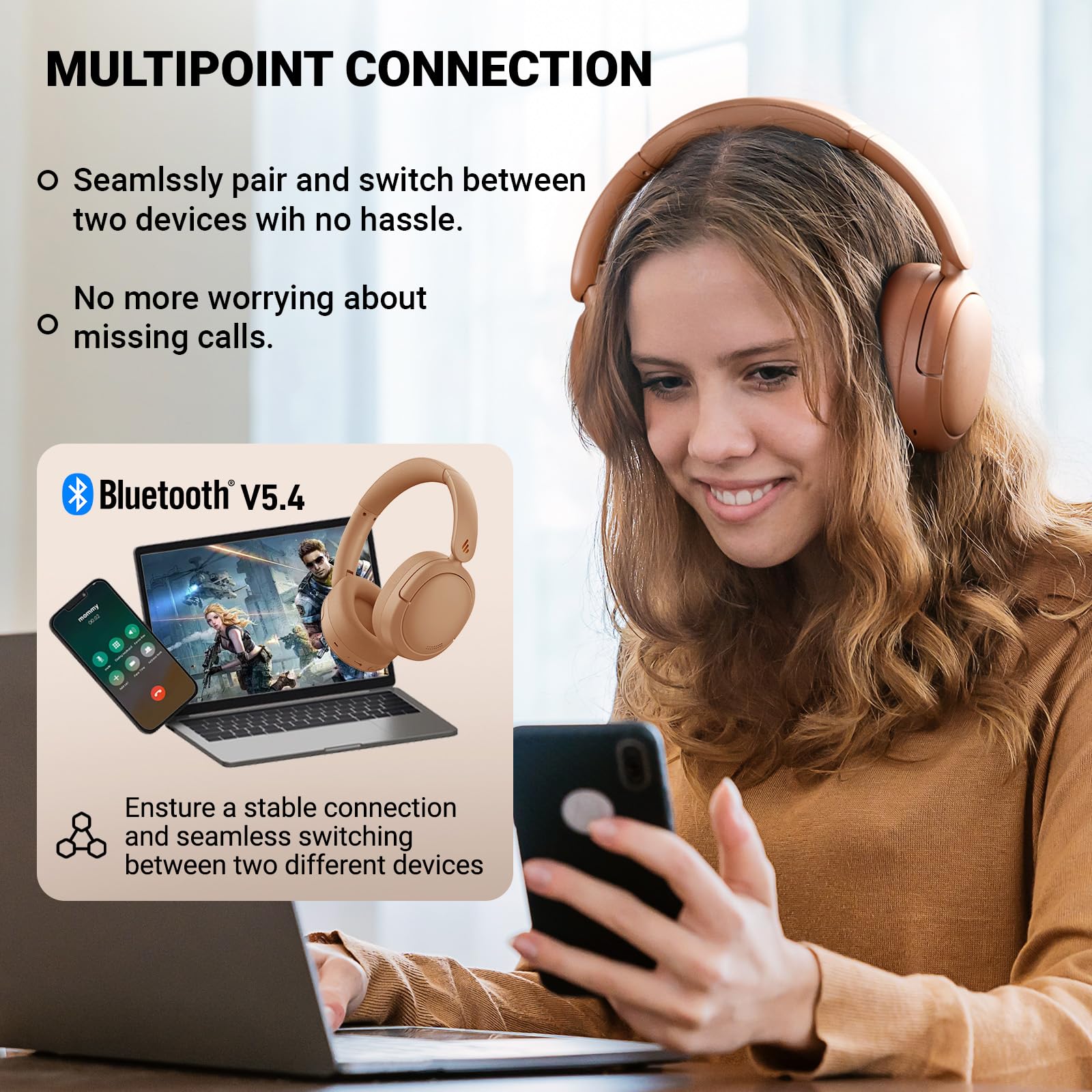 Edifier V80 Hybrid Active Noise Cancelling Wireless Headphones - True Wireless Over Ear Bluetooth Headset with 45H Playtime, Hi-Res Audio, Fast Charging & Multipoint Connection - Perfect for Travel, Home & Office (Brown)