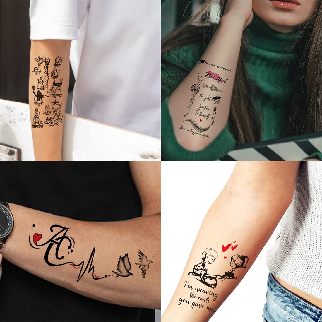 Cute Temporary Tattoo Stickers for Women & Men - 4 Pack Heart Line Art Designs (2x4 Inch) | Safe, Waterproof Body Art for Parties, Festivals & Everyday Fashion