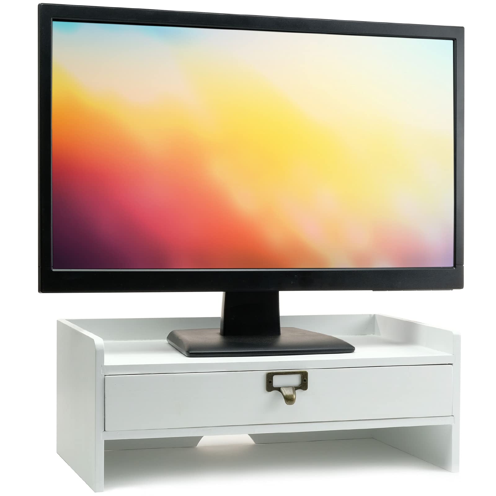 Excello Wooden Monitor Stand with Drawer - White Desktop Organizer for Notebooks, Pens, Pencils & Office Supplies | Perfect for Home Office, Workstation & Computer Desk Setup