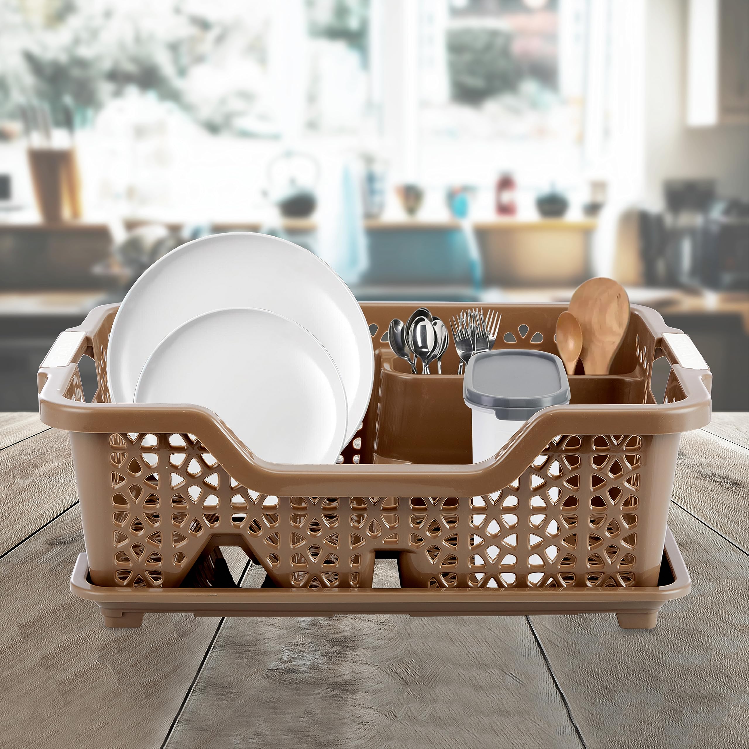 KOLORR Florina Extra Large Dish Rack with Drainer Tray - 22 x 16 Inches Jumbo Kitchen Sink Organizer | Brown Countertop Drying Rack for Utensils, Plates & Cups | Perfect for Small Kitchens & Apartments