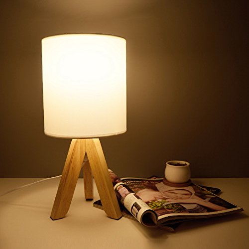Minimalist White Fabric Lamp Shade with Wooden Base - Classic Bedside Table Lamp with Dimmer Switch (Bulbs Not Included) | Perfect for Bedroom, Living Room & Office Decor | TD0300-DIM
