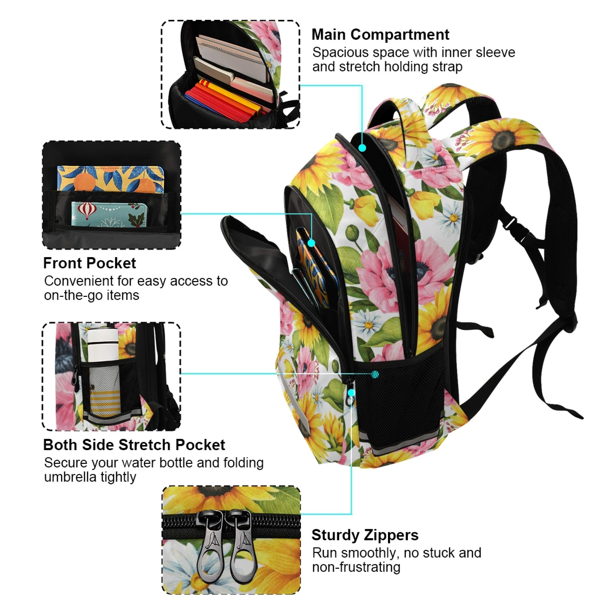 ALAZA Floral Backpack for Women & Men - Sunflower Poppy Daisy Print Laptop Bag, 15.6 Inch School Backpack with Tablet Sleeve, Stylish Casual Daypack for Work, College & Travel