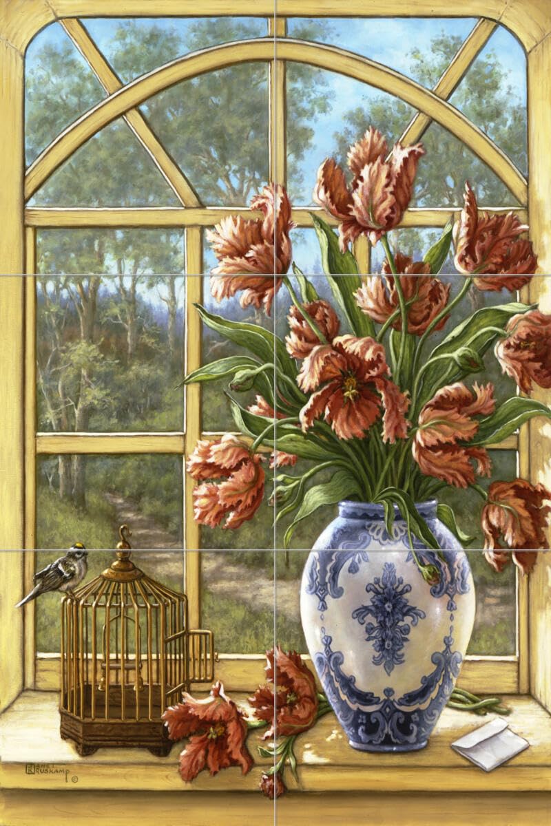 Ceramic Backsplash Tile Mural - Floral Flower Design for Kitchen & Bathroom - Dragon Tulips by Janet Kruskamp - Perfect for Home Renovation and Interior Decor