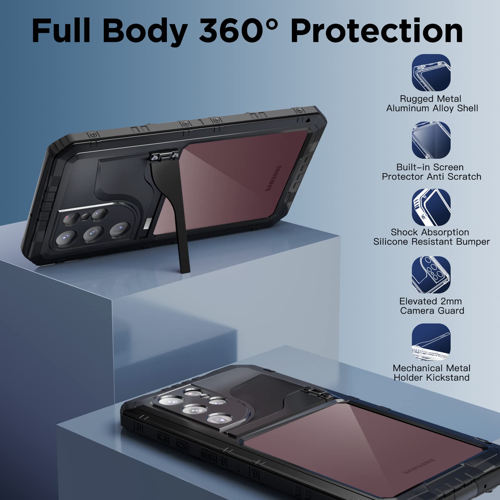 **Mitywah Heavy Duty Shockproof Waterproof Case for Samsung Galaxy S22 Ultra - Metal Kickstand, Built-in Screen Protector, Full Body Protection (Black) - Perfect for Outdoor, Travel & Extreme Sports**