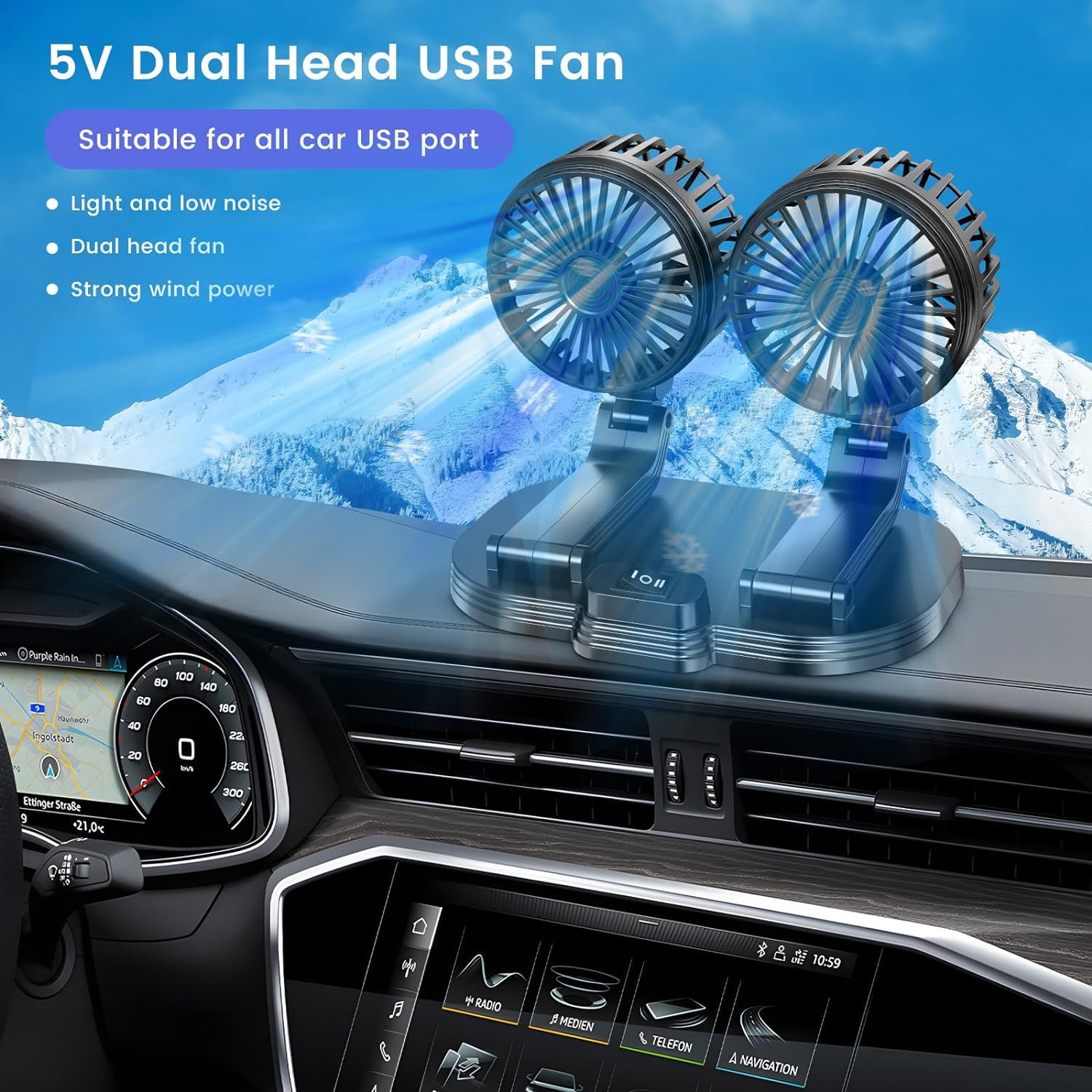 2024 Upgraded Dual Head USB Car Fan - 360° Rotatable Portable Cooling Fan for Dashboard, SUV, RV, Truck, Boat & Home Office | Perfect for Summer Travel & Workspace Comfort