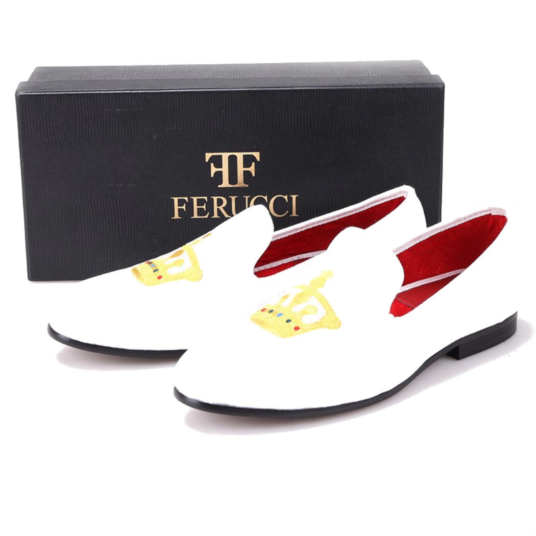 FERUCCI Men's Custom White Velvet Loafers with Gold Crown - Luxury House Slippers for Indoor Comfort & Elegant Lounging