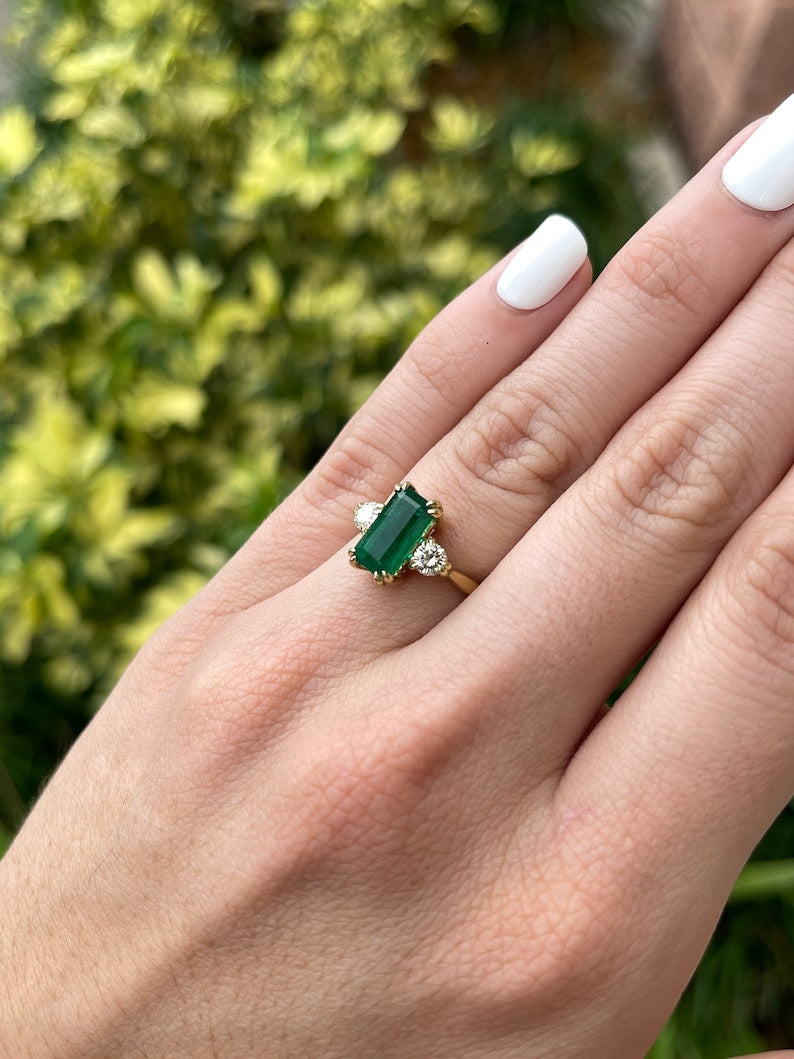 2.78tcw 18K Gold Natural Emerald Cut & Brilliant Round Diamond Three Stone Ring - Deep Dark Alpine Green Gemstone Jewelry for Engagement, Wedding & Anniversary Gifts