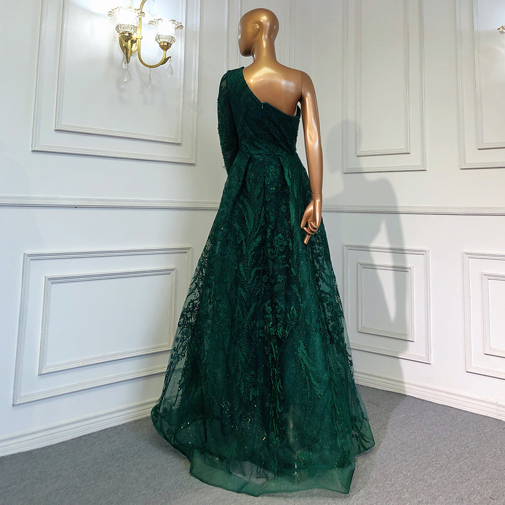 Elegant One Shoulder Beaded Mermaid Evening Gown with Overskirt for Women - Serene Hill Green Luxury Party Dress 2025 - Perfect for Prom, Gala, and Formal Events LA71607