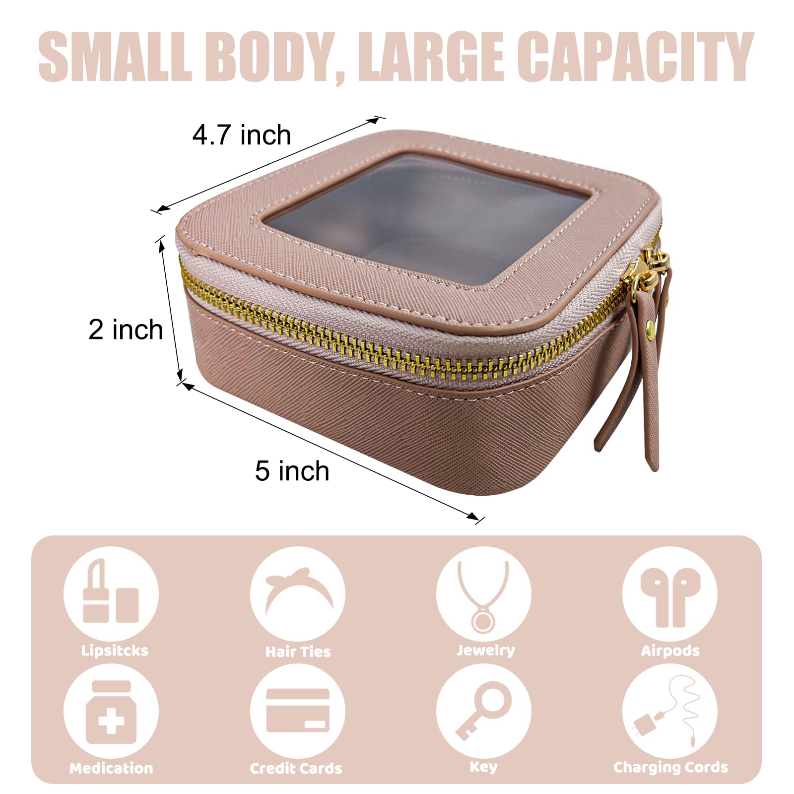 Mini Makeup Bag for Women - Small Waterproof Cosmetic & Toiletry Travel Organizer with Clear Windows & Gold Zippers | Perfect for Travel, Gym, Daily Essentials (Pink, Mini Size)