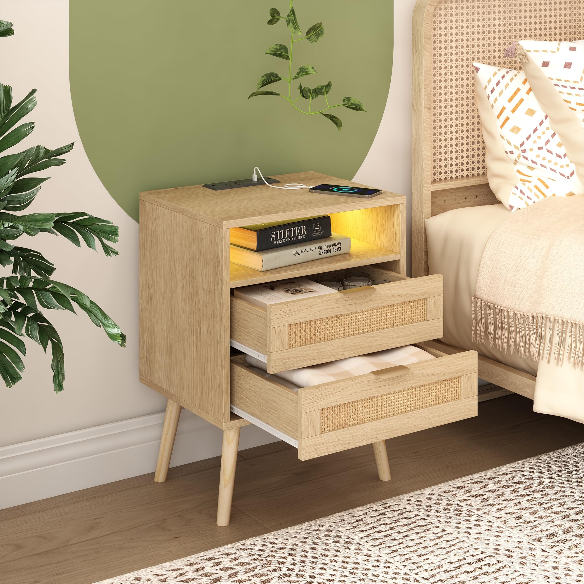 2-Piece Rattan Nightstand Set with USB Charging Station & LED Lights - 2-Drawer Bedside Tables with Wooden Legs for Bedroom, Living Room | Perfect for Phone Charging & Bedside Storage