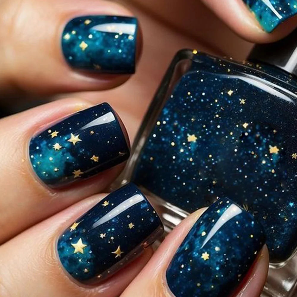 24Pcs Colorful Starry Sky Press on Nails - Full Cover Square Fake Nails with Dreamy Moon & Meteor Designs | Detachable Nail Tips for Women | Perfect for Parties, Date Nights & Special Occasions