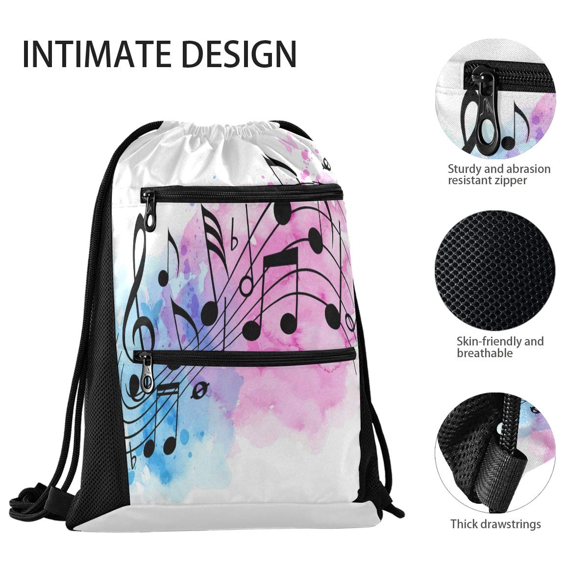 QMXO Abstract Music Notes Drawstring Backpack with Zip Pocket - Lightweight Gym Bag for Sports, Yoga, Travel - Unisex Daypack for Men, Women, Boys & Girls - Perfect for School, Workout, Beach & Outdoor Activities