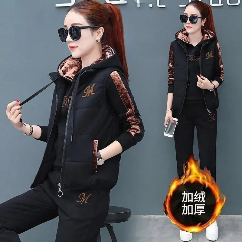 2024 Women's Winter Warm 3-Piece Tracksuit Set - Thick Fleece Hoodie, Waistcoat & Pants for Casual Outfits | Cozy Fall & Winter Loungewear, Gym, Travel & Everyday Wear