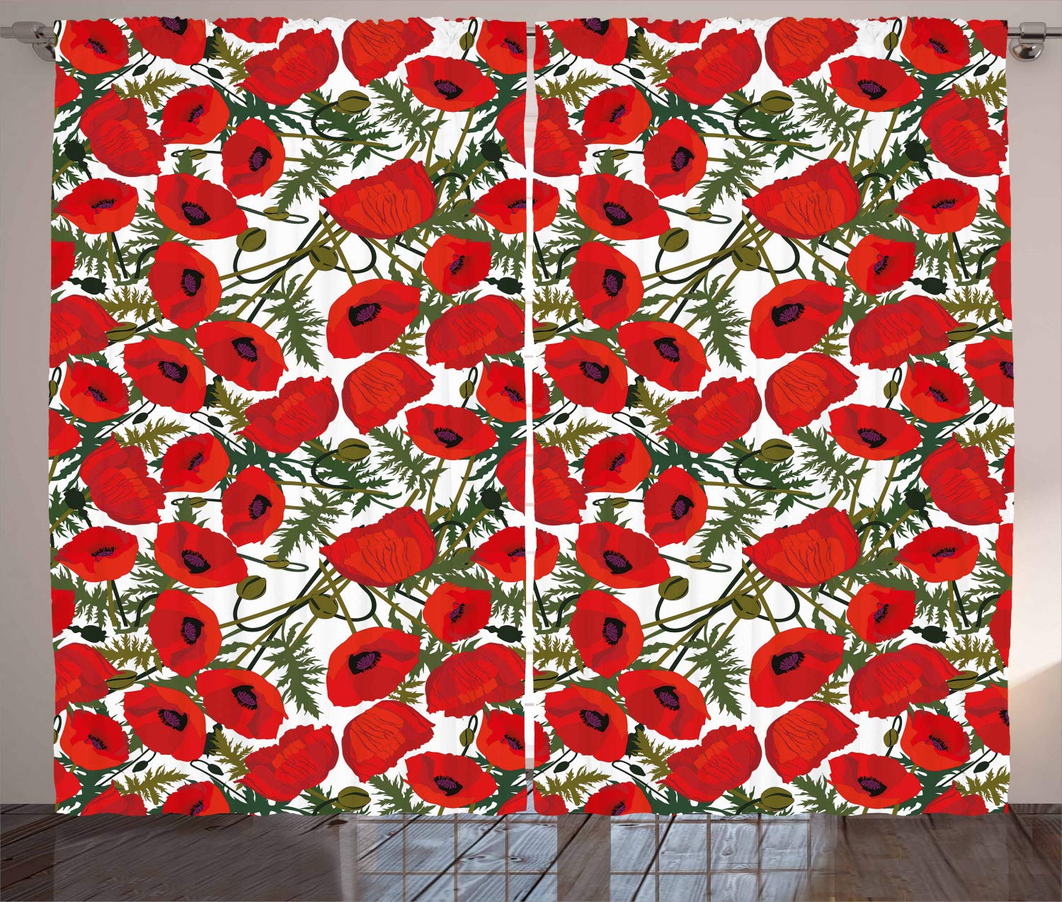 Ambesonne Poppy Flower Curtains - Abstract Botanical Pattern with Garden Foliage & Floral Bouquets, 2 Panel Window Drapes for Living Room & Bedroom, 108