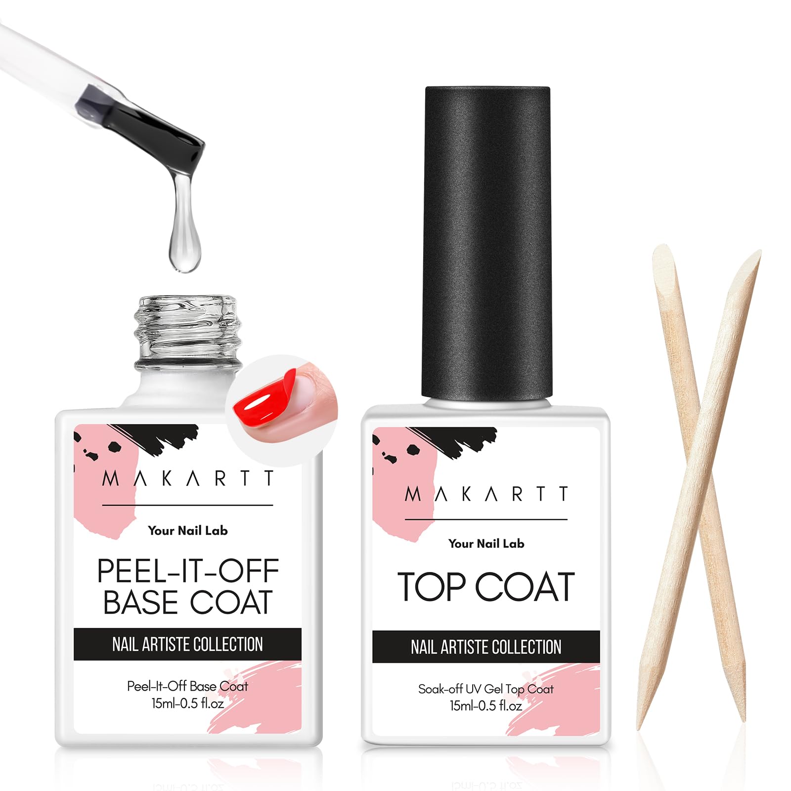 Makartt 15ml No Wipe Gel Top Coat & Peel Off Base Coat Set - 2Pcs Shine Finish Long Lasting UV LED Nail Polish for DIY Manicure | Salon Quality, Easy Soak Off, No Filing Required | Perfect for Home Nail Art, Professional Nail Salons & Gift Giving