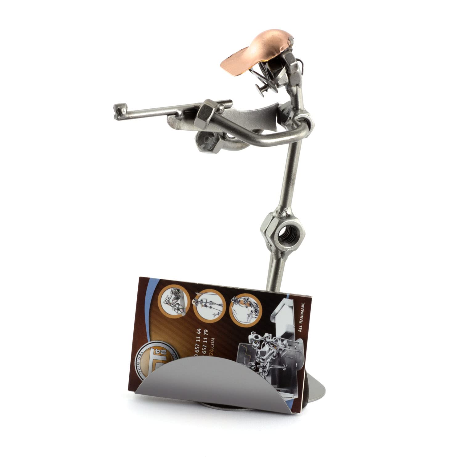 Handmade Metal Gun-Shooter Sculpture with Business Card Holder | Nuts and Bolts Figurine | Made in Germany | Unique Office Desk Decor & Gift for Gun Enthusiasts