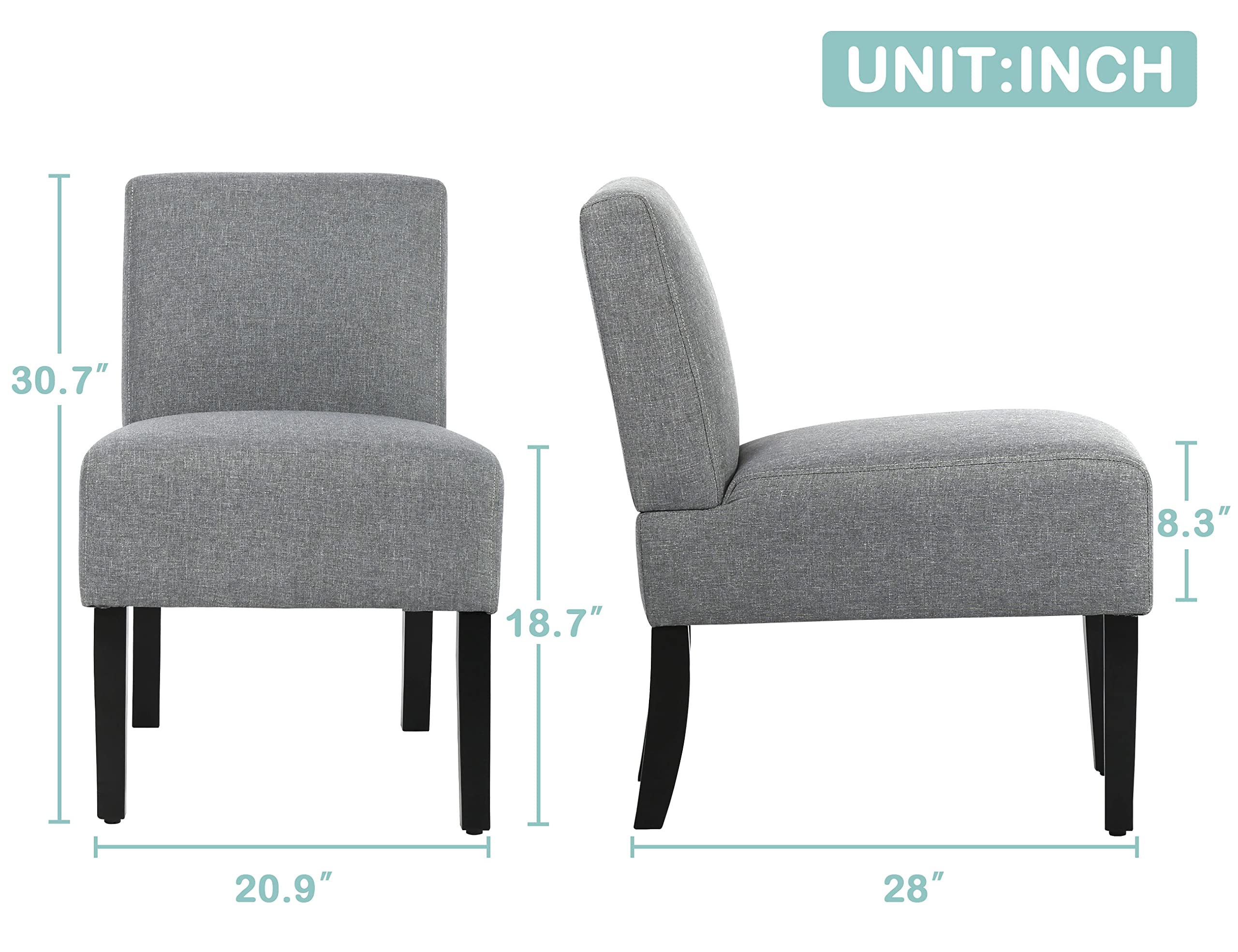 Modern Accent Chair Set of 2 - Grey Armless Living Room Chairs with Thick Cushion for Bedroom, Office & Small Spaces - Perfect for Reading Nook, Guest Seating or Lounge Area