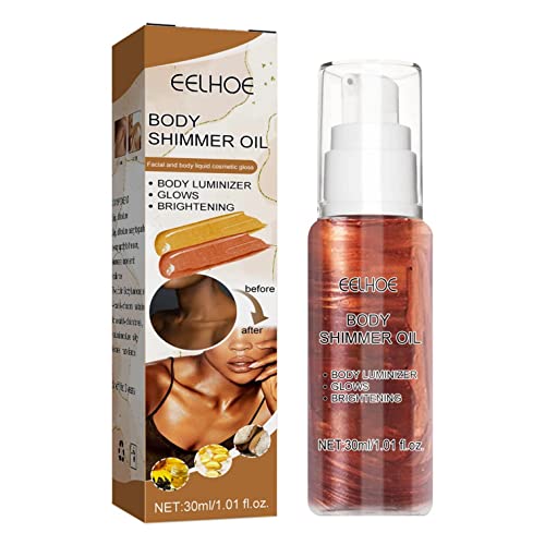**Shimmer Body Oil - Waterproof Moisturizing Glow for Face & Body, Non-Sticky Liquid Highlighter, 1.01 fl oz | Perfect for Summer, Parties, and Beach Glow**