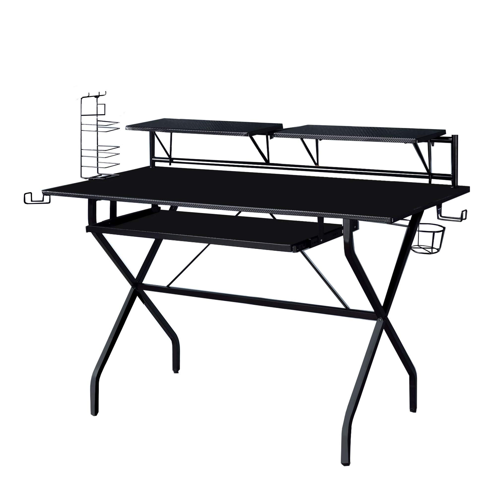 Benjara Black Tubular Metal Frame Computer Desk with 2 Storage Shelves & Cup Holder - Home Office, Gaming, Study & Workspace Desk for Small Spaces