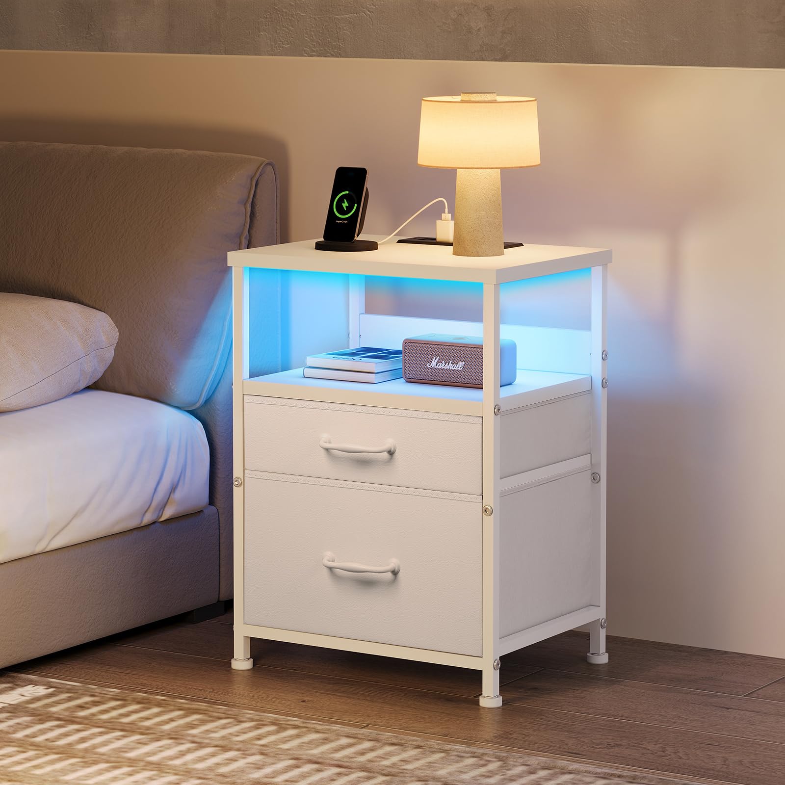 White Nightstand with Charging Station & LED Lights - 2 Fabric Drawers Bedside Table with Open Shelf, Outlets & USB Ports - Modern End Table for Bedroom, Living Room, Office - Perfect for Phone Charging, Reading & Storage