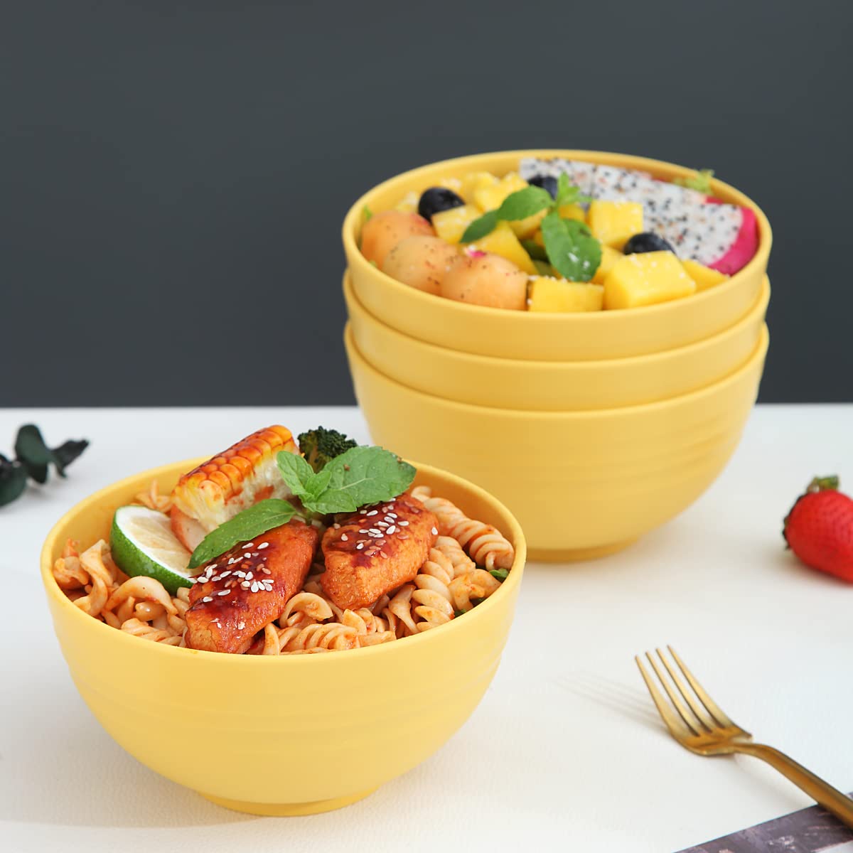 Kyraton 4-Piece Unbreakable Cereal Bowls Set - Lightweight Reusable Bowls for Rice, Noodles, Soup, Salad & Fruit - Dishwasher & Microwave Safe, BPA-Free (Gold Yellow) - Perfect for Family Meals, Camping & Dorm Use