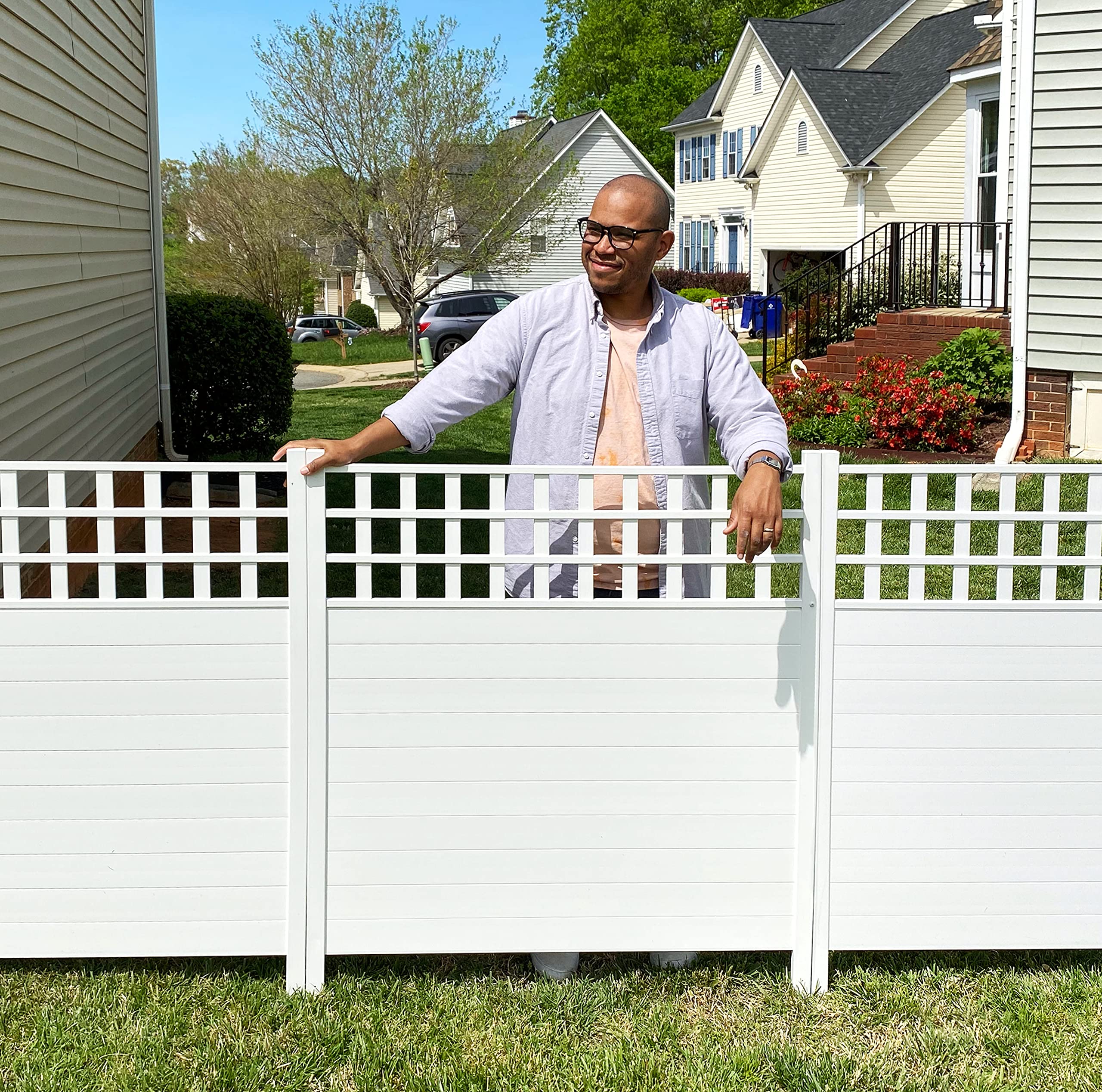 44in H x 42in W (2 Panels) No Dig Zippity Keswick White Vinyl Privacy Fence Screen Kit - Outdoor Yard Fencing, Trash Can Enclosure & AC Unit Cover - Easy Installation for Patio, Garden & Pool Areas