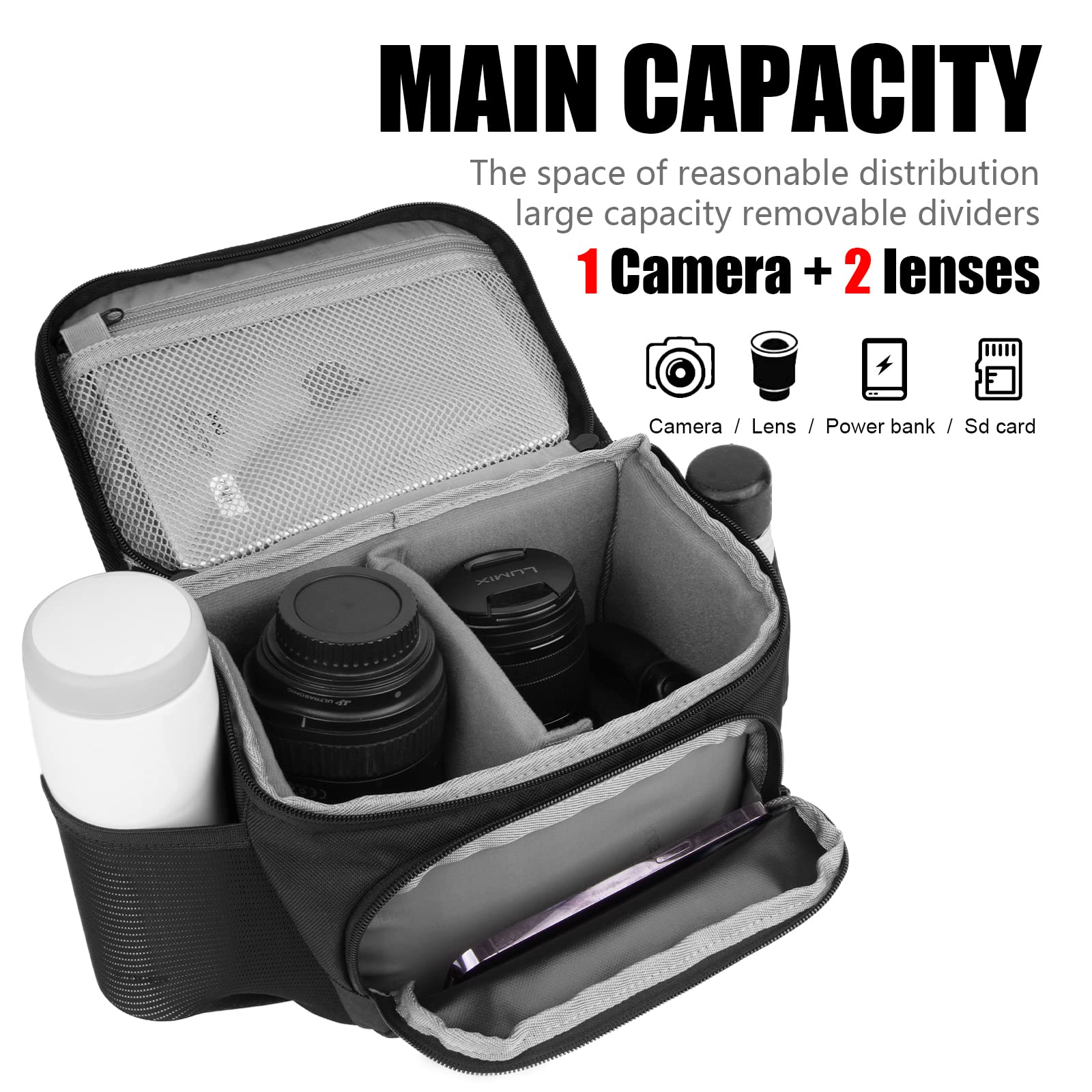 Cwatcun Compact Waterproof Camera Bag - Medium Black Crossbody Shoulder Bag for Canon Nikon Sony DSLR Mirrorless Cameras & Lenses | Travel Photography Hiking Outdoor Shooting Protection Case
