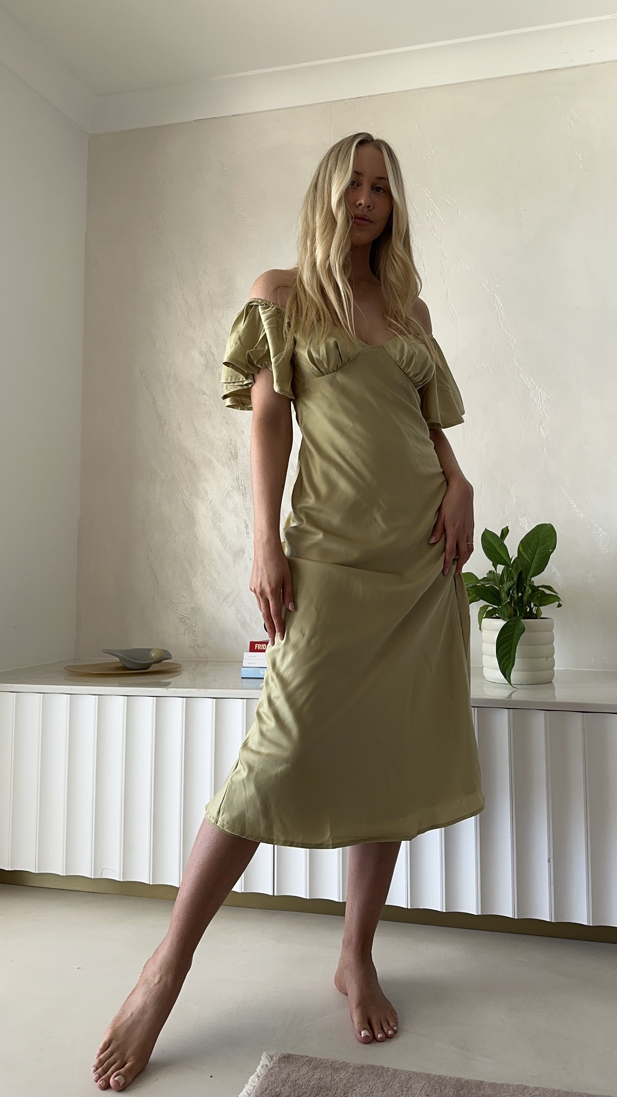 Louisa Midi Dress in Olive Green - Elegant Casual & Office Wear for Women | Perfect for Spring Summer Outfits, Date Nights & Work Attire