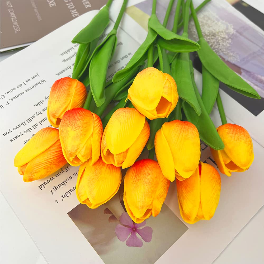 10 Pcs Realistic PU Touch Tulips Artificial Flowers - Orange Fake Tulip Bouquets for Home, Office, Wedding & Party Decorations - Perfect for Centerpieces, Table Arrangements & DIY Crafts