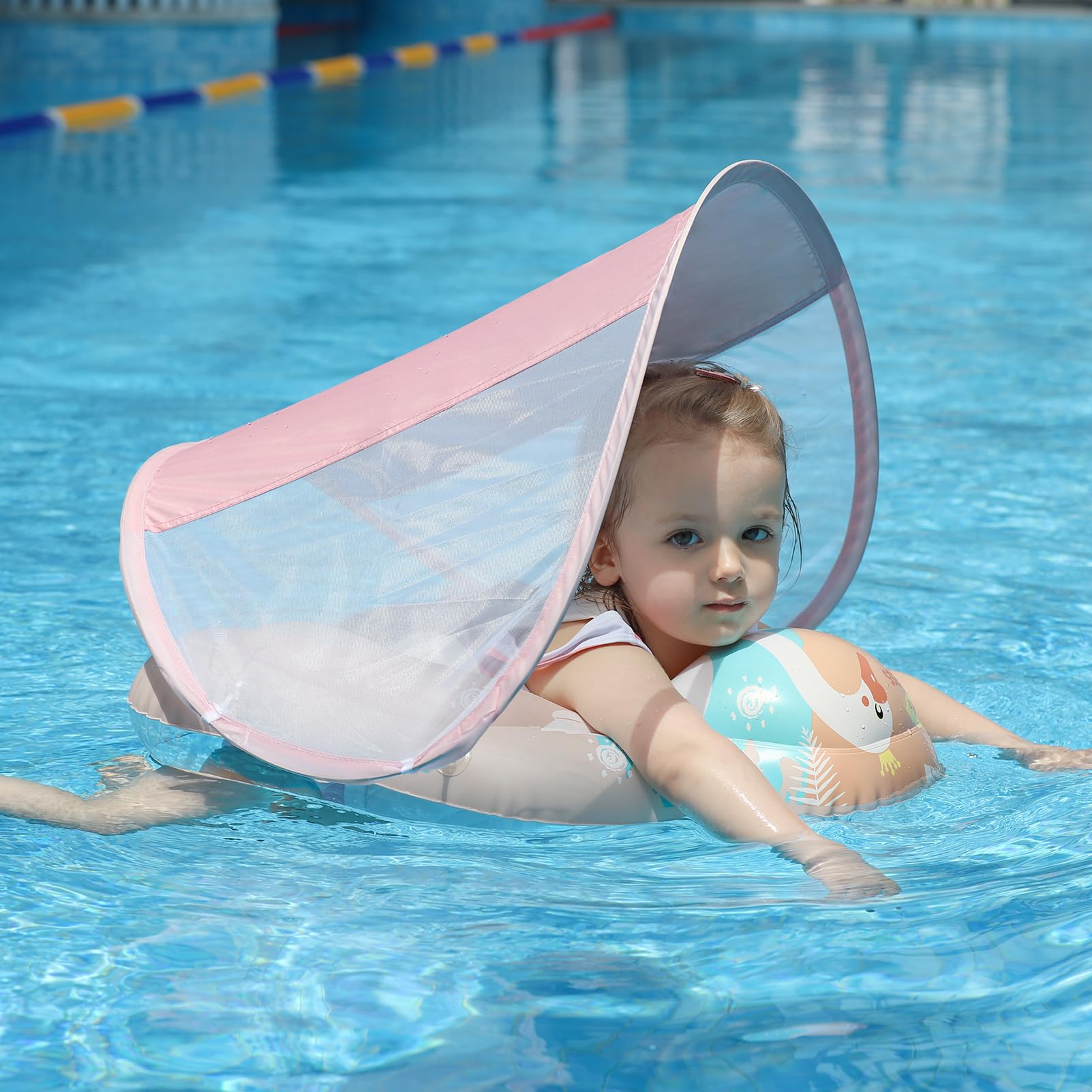 Free Swimming Baby Inflatable Float with Sun Canopy - Large Pink Pool Floaties for Infants 3-36 Months, Perfect for Backyard Pools, Beach Trips & Summer Water Play
