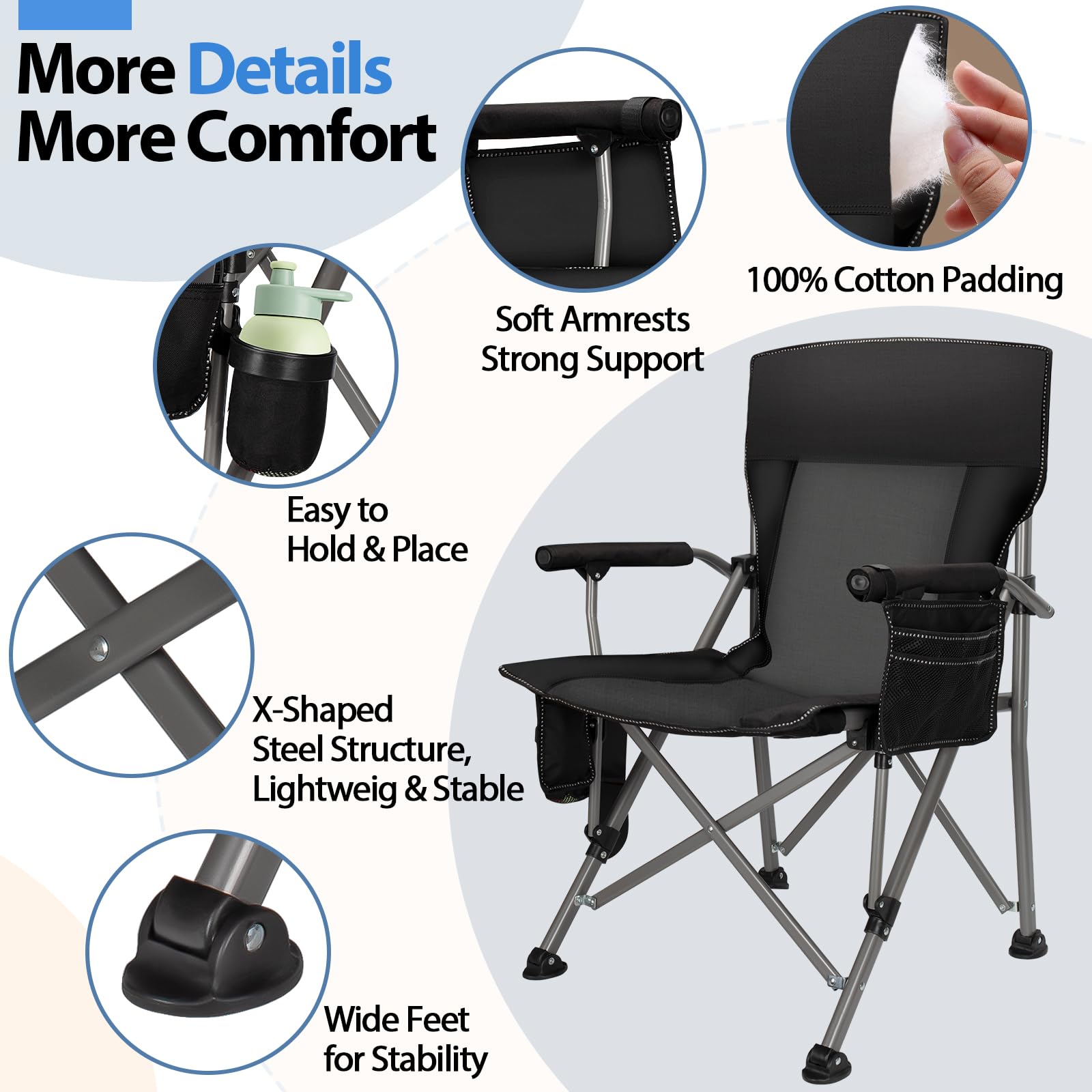 QUYUAN Heated Camping Chair with 20,000mAh Battery - Padded Portable Folding Chair with 500-Minute Heating, 500lb Weight Capacity - Perfect for Camping, Hiking, Hunting, Beach, Picnics & Outdoor Events