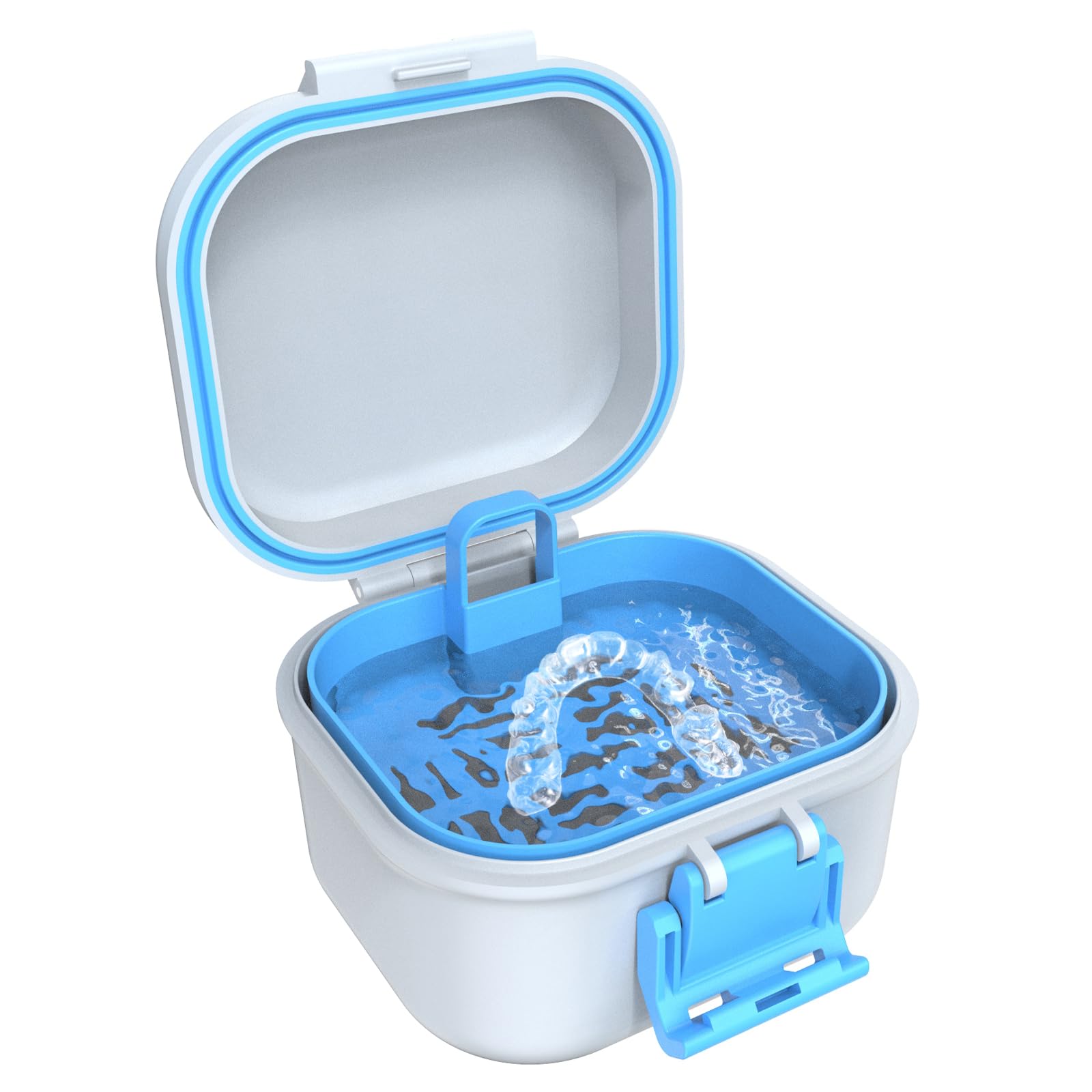 BVN Leak-Proof Denture Storage Case - Denture Soaking Cup & Retainer Cleaning Holder (Blue & White) - Perfect for Travel, Overnight Soaking & Denture Care at Home