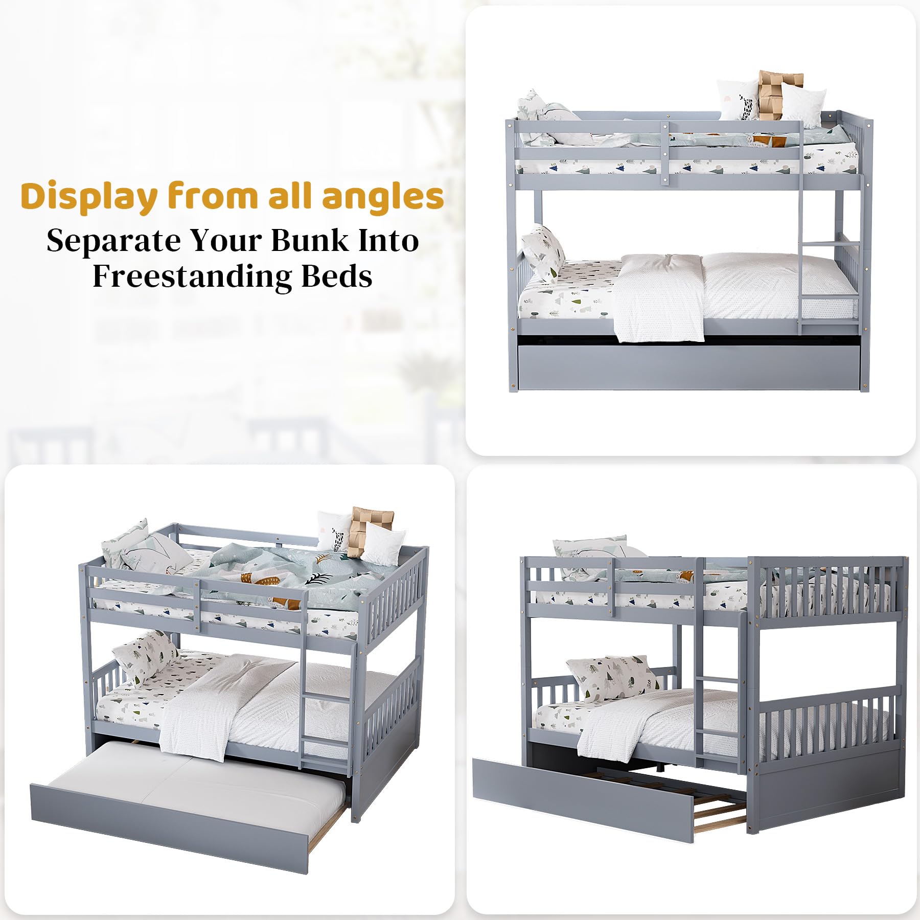 Rophefx Full Over Full Bunk Bed with Trundle - Convertible Wooden Bunk Beds for Kids, Teens & Adults - Sturdy Frame with Safety Rails & Ladder - Space-Saving Grey Bunkbed for Small Rooms, Guest Rooms & Vacation Homes