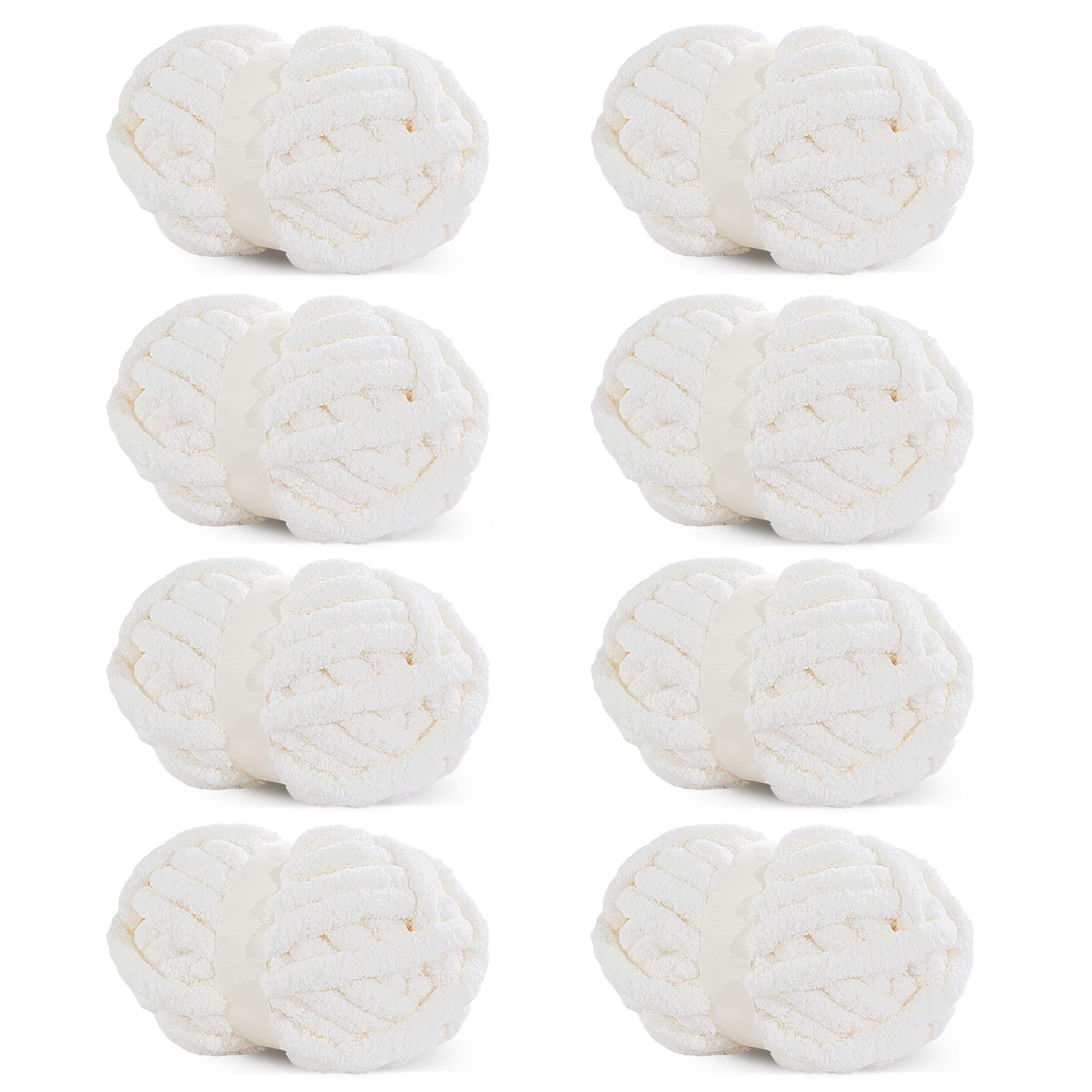 HOMBYS White Chunky Chenille Yarn for Crocheting & Knitting - Super Soft Bulky Fluffy Plush Yarn (8 Jumbo Skeins, 27 Yards Each) - Perfect for Handmade Blankets, Scarves, and Cozy Home Decor