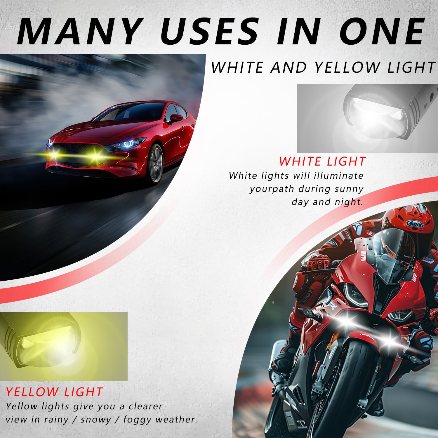 High Power Motorcycle LED Driving Lights - White/Amber Dual Color, 3 Lighting Modes (Hi/Lo Beam) - Waterproof with Lens for ATV, UTV, SUV, Truck, Boat - Perfect for Off-Road Adventures & Night Riding (Pack of 2)