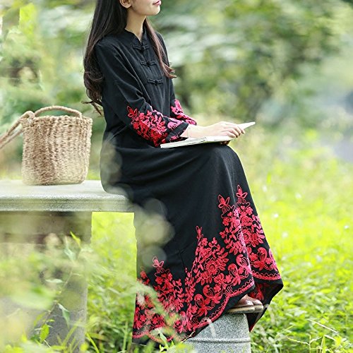 Chinese Style Floral Embroidery Women's Long Sleeve Maxi Dress - Elegant Boho Casual Dress for Spring Summer, Perfect for Weddings, Parties & Vacation Wear