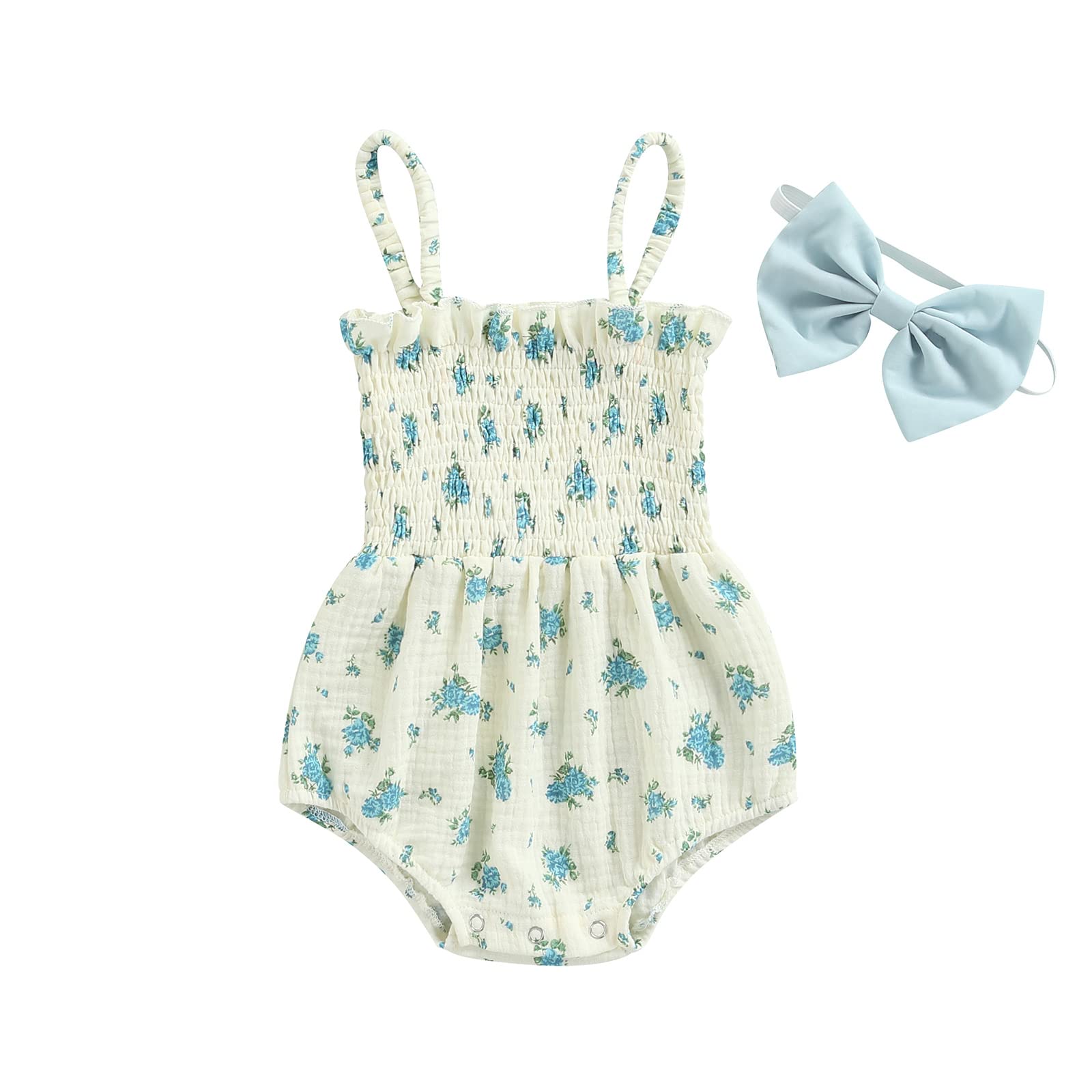 Newborn Baby Girl Floral Romper Sleeveless Bodysuit Jumpsuit with Headband - Summer Outfit for Photoshoot, Party & Casual Wear