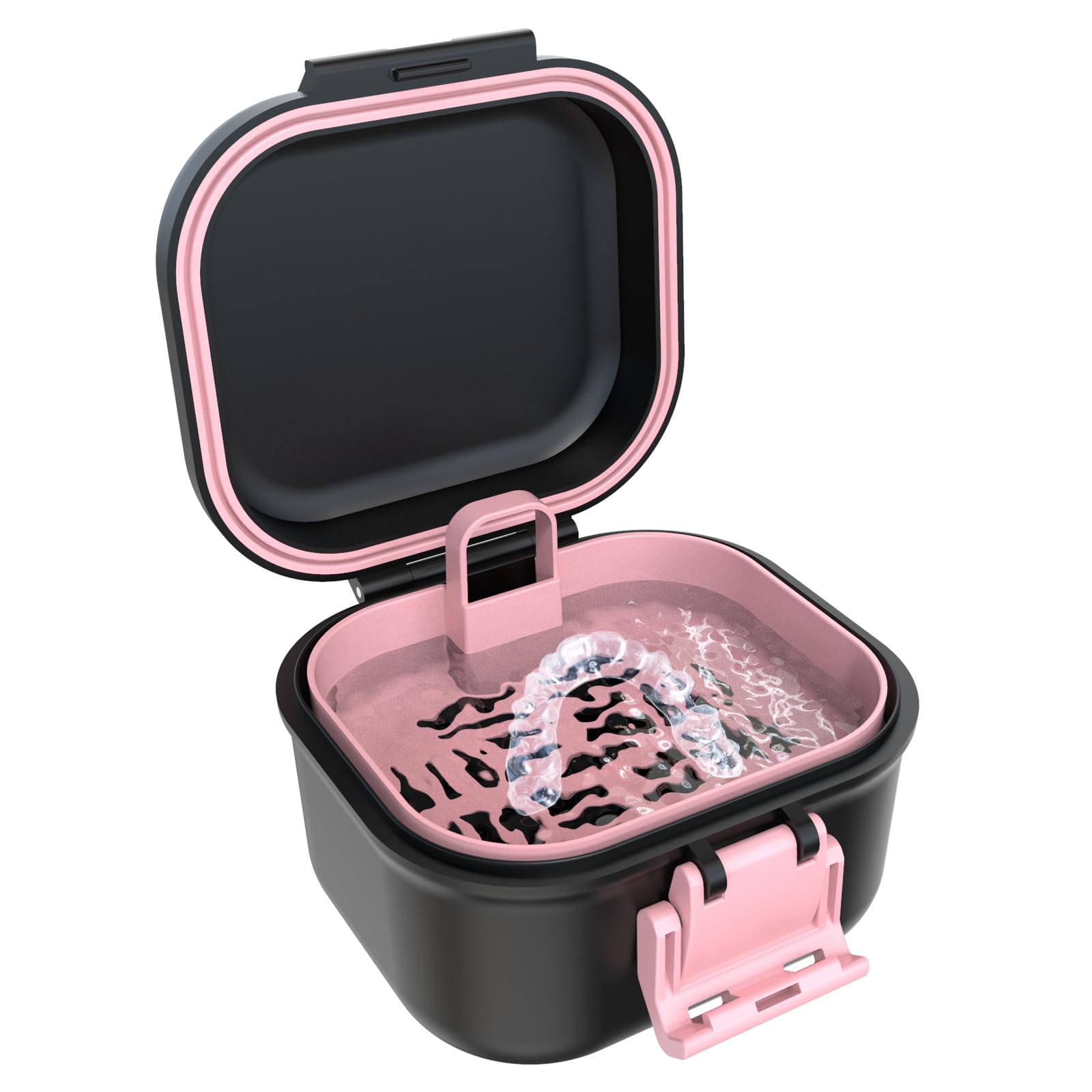 BVN Leak-Proof Denture Storage Case - Denture Soaking Cup & Retainer Cleaning Holder (Black/Pink) - Perfect for Travel, Nighttime Soaking & Denture Care at Home