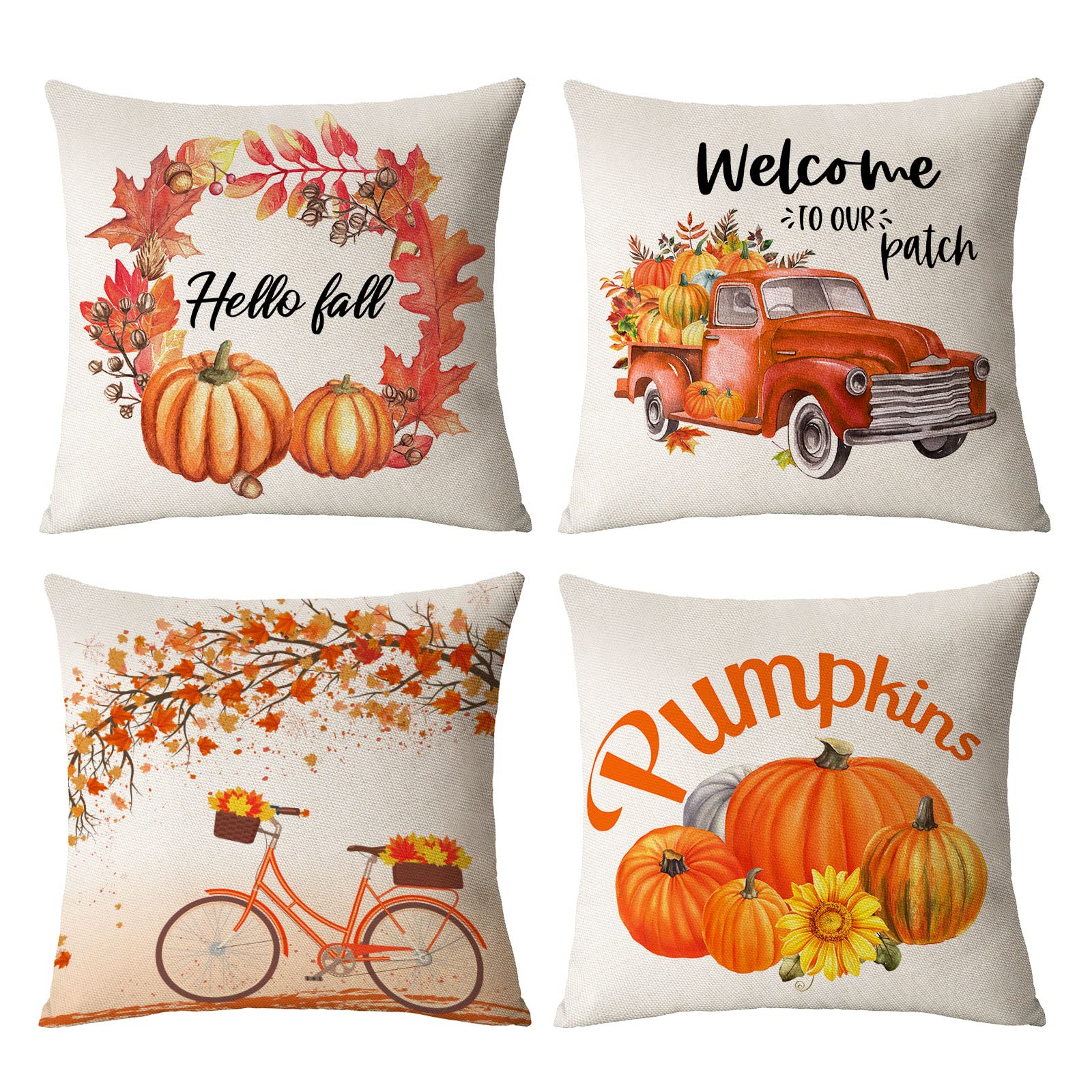 4 Pack Fall Pillow Covers 12x12 Inch - Thanksgiving Pumpkin & Autumn Leaves Decor Throw Pillow Cases for Couch, Sofa, Home & Outdoor Decor - Perfect for Fall, Halloween, and Seasonal Home Decoration (12 by 12 Inches)